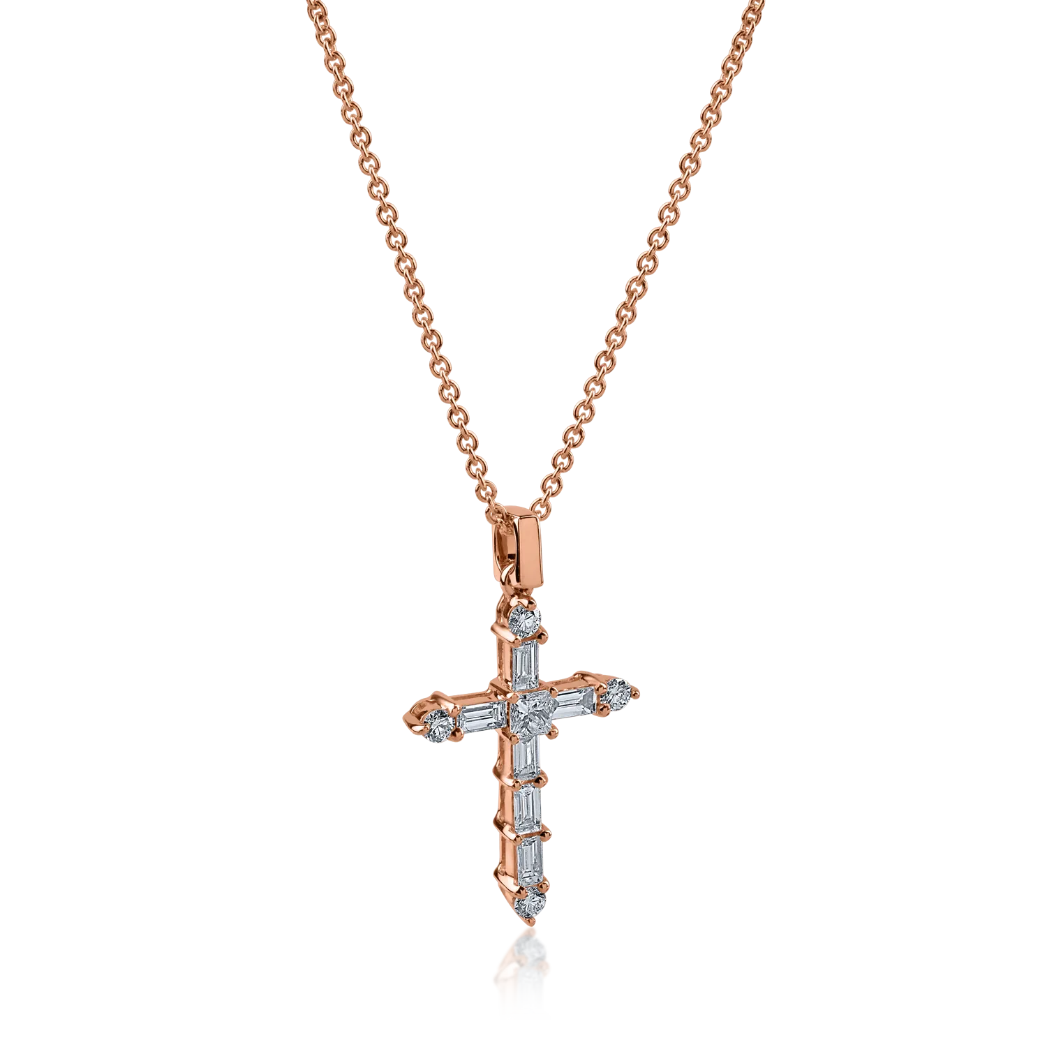 Lant cu pandantiv cruce din aur roz cu diamante de 0.4ct