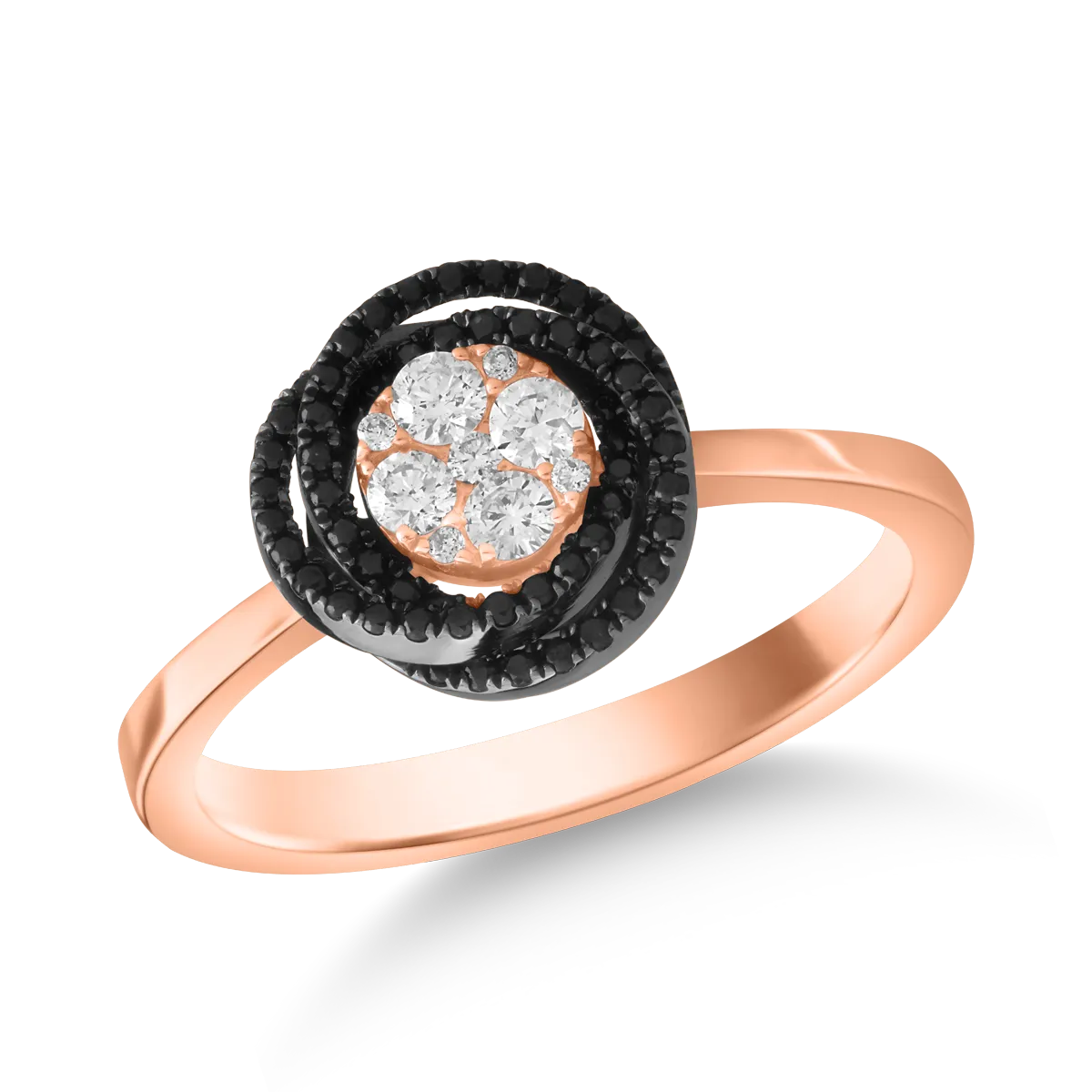 Pierścionek z czarno-różowego złota z przezroczystymi diamentami o masie 0.13ct i czarnymi diamentami o masie 0.2ct