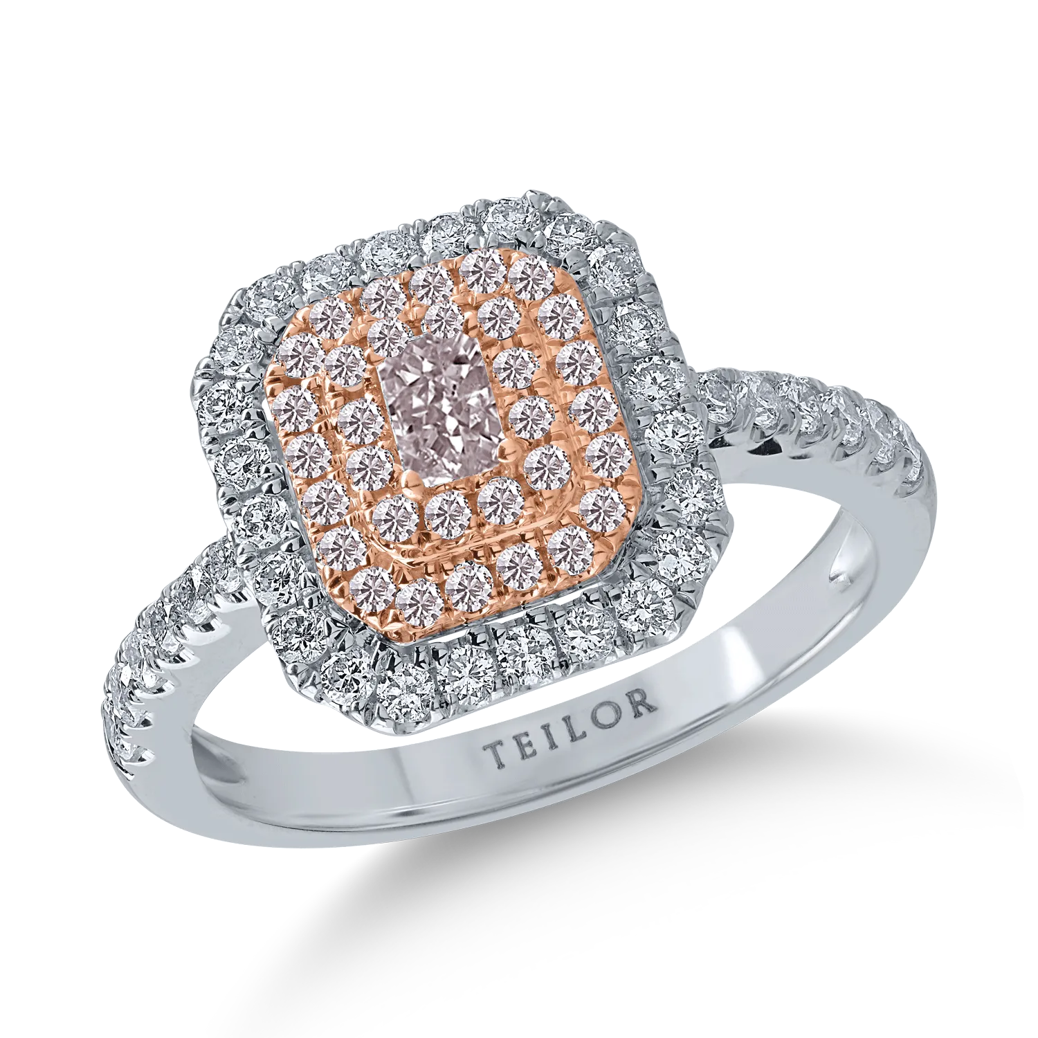 Fehér rózsa arany gyűrű 0.31ct rózsaszín gyémántokkal és 0.5ct tiszta gyémántokkal