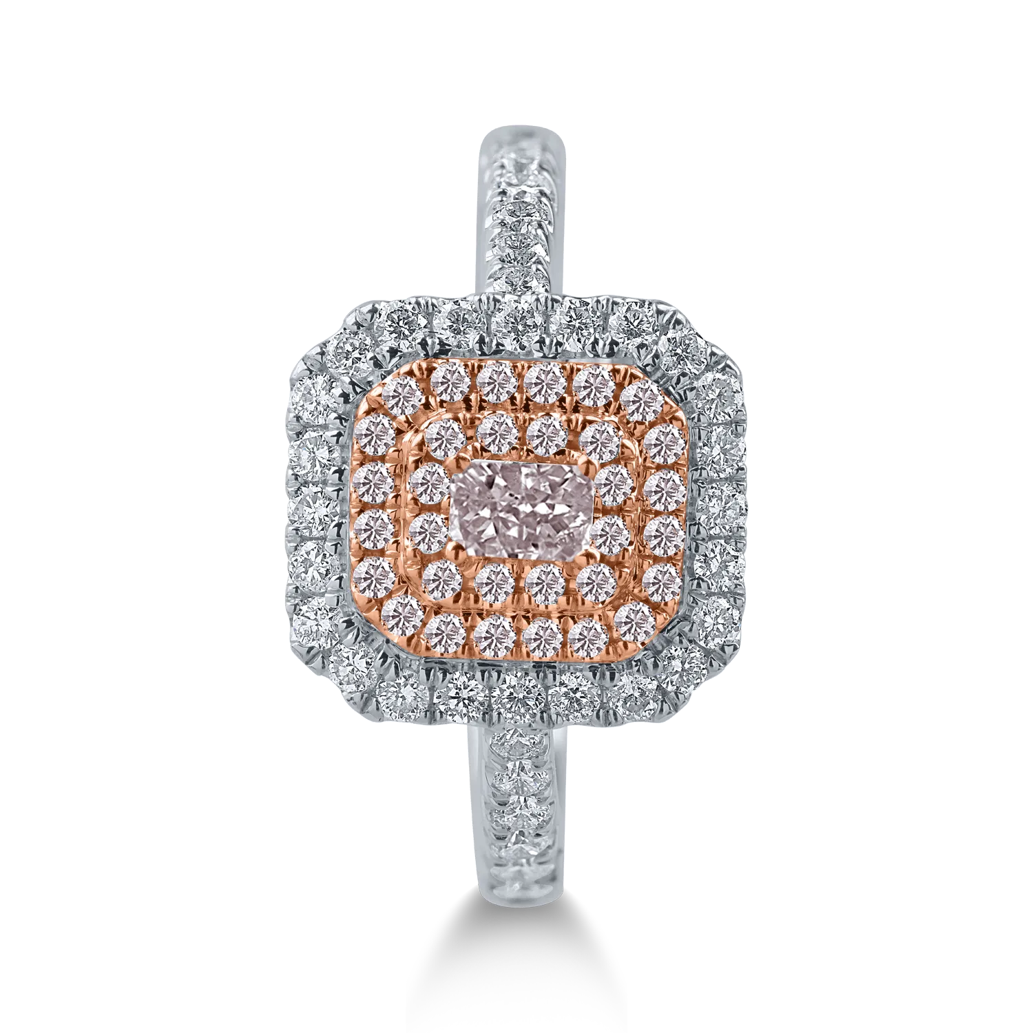 Fehér rózsa arany gyűrű 0.31ct rózsaszín gyémántokkal és 0.5ct tiszta gyémántokkal