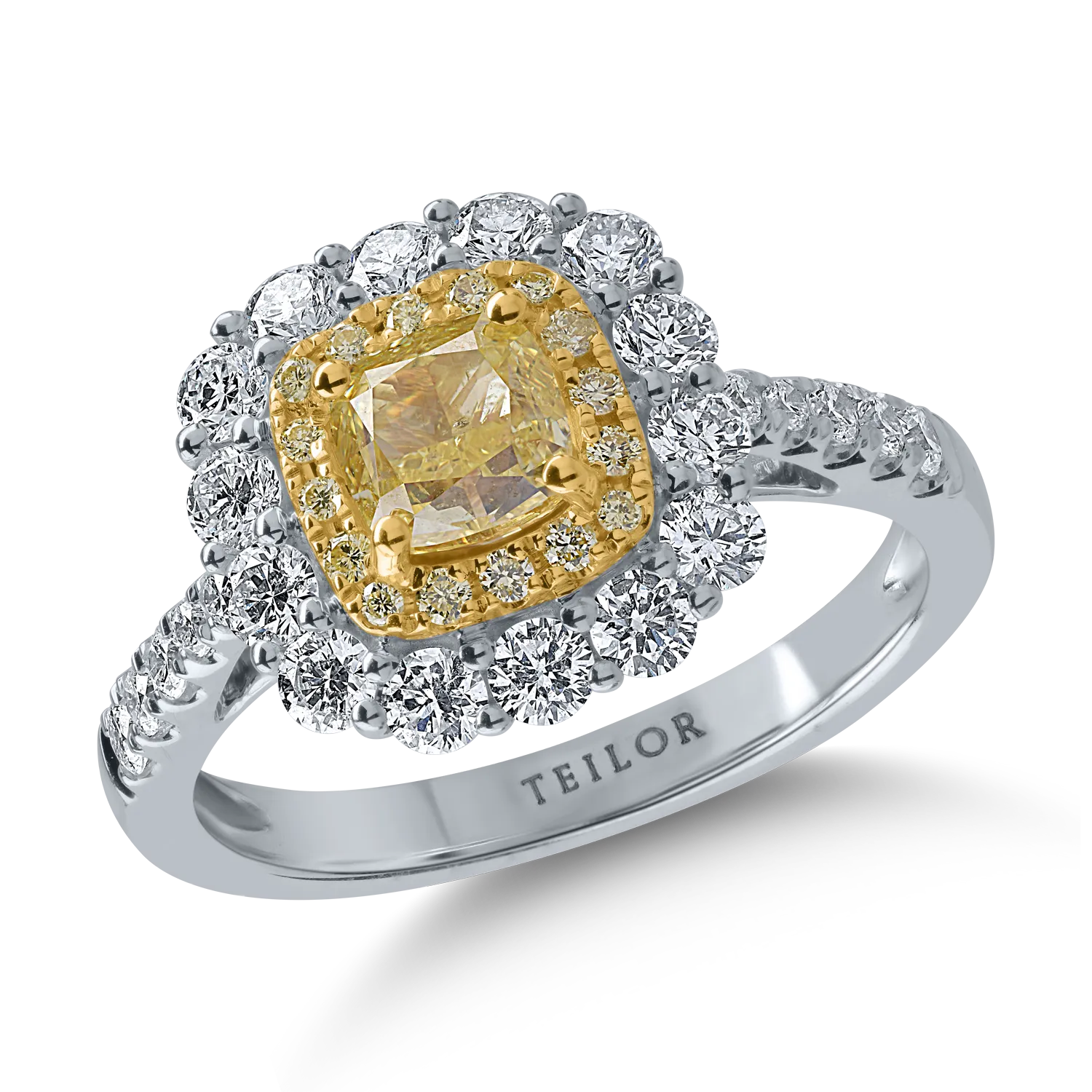 Fehér-sárga arany gyűrű 1.12ct sárga gyémántokkal és 0.88ct tiszta gyémántokkal