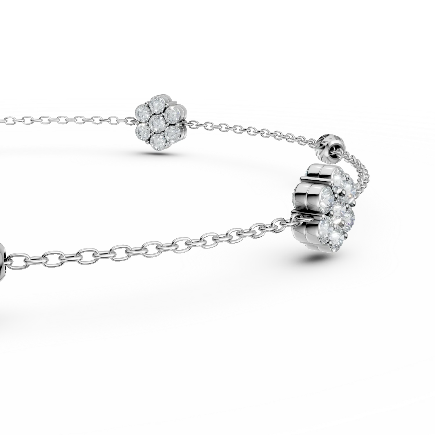 White gold bracelet with beads and flower pendants
