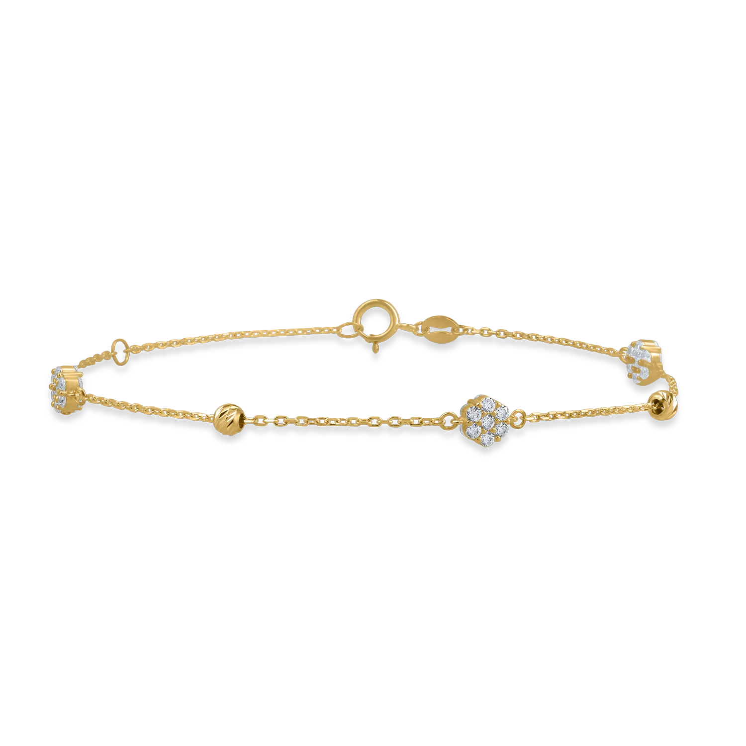 Yellow gold bracelet with beads and flower pendants