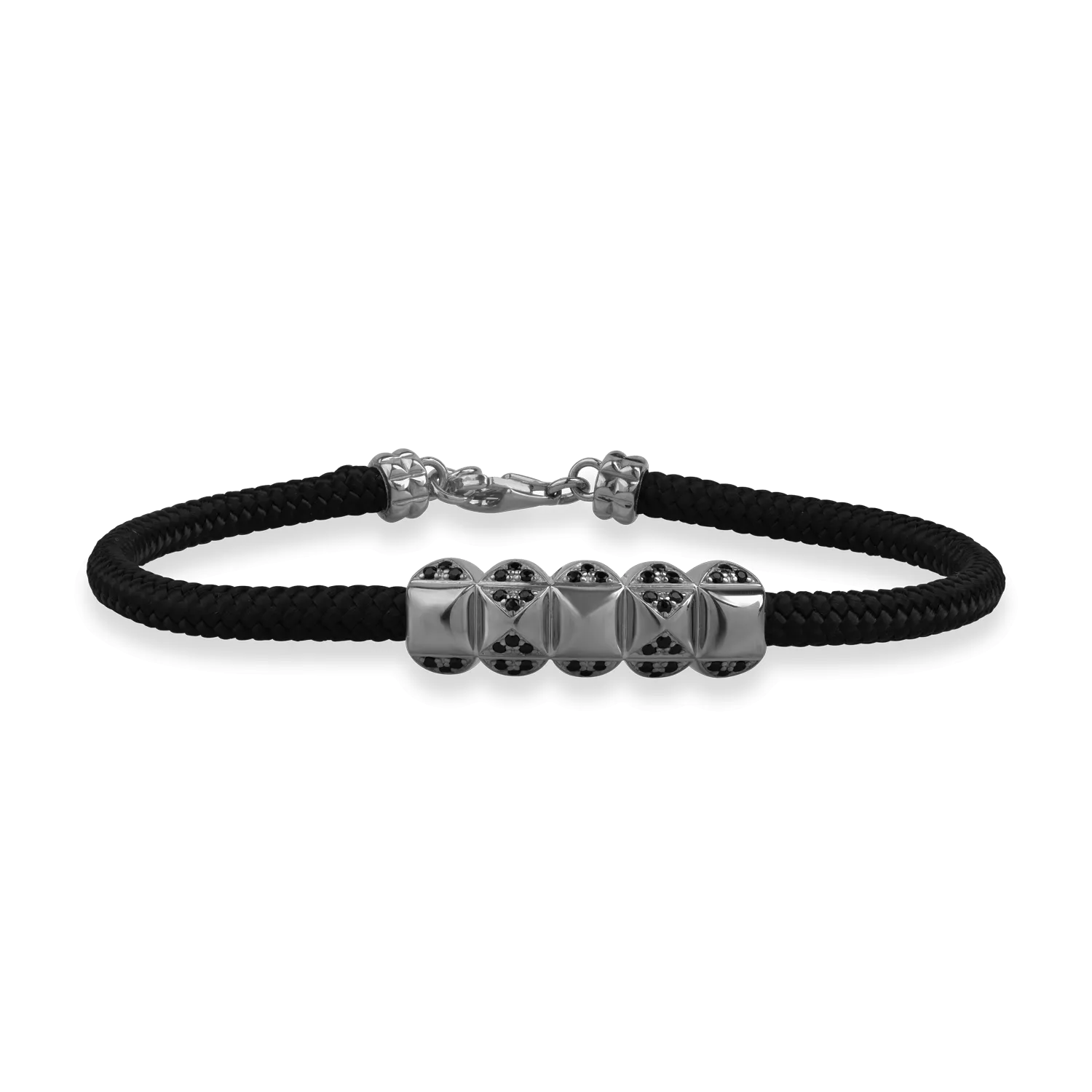Bracelet with black cord and silver elements for men