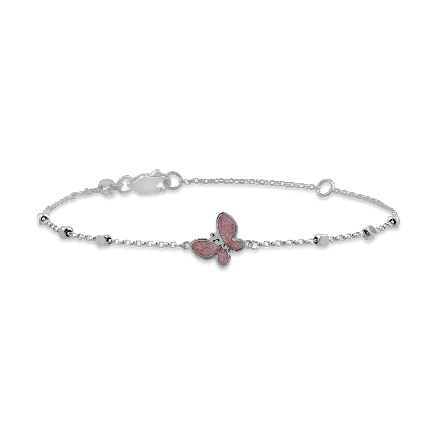 White gold bracelet with beads and butterfly pendant