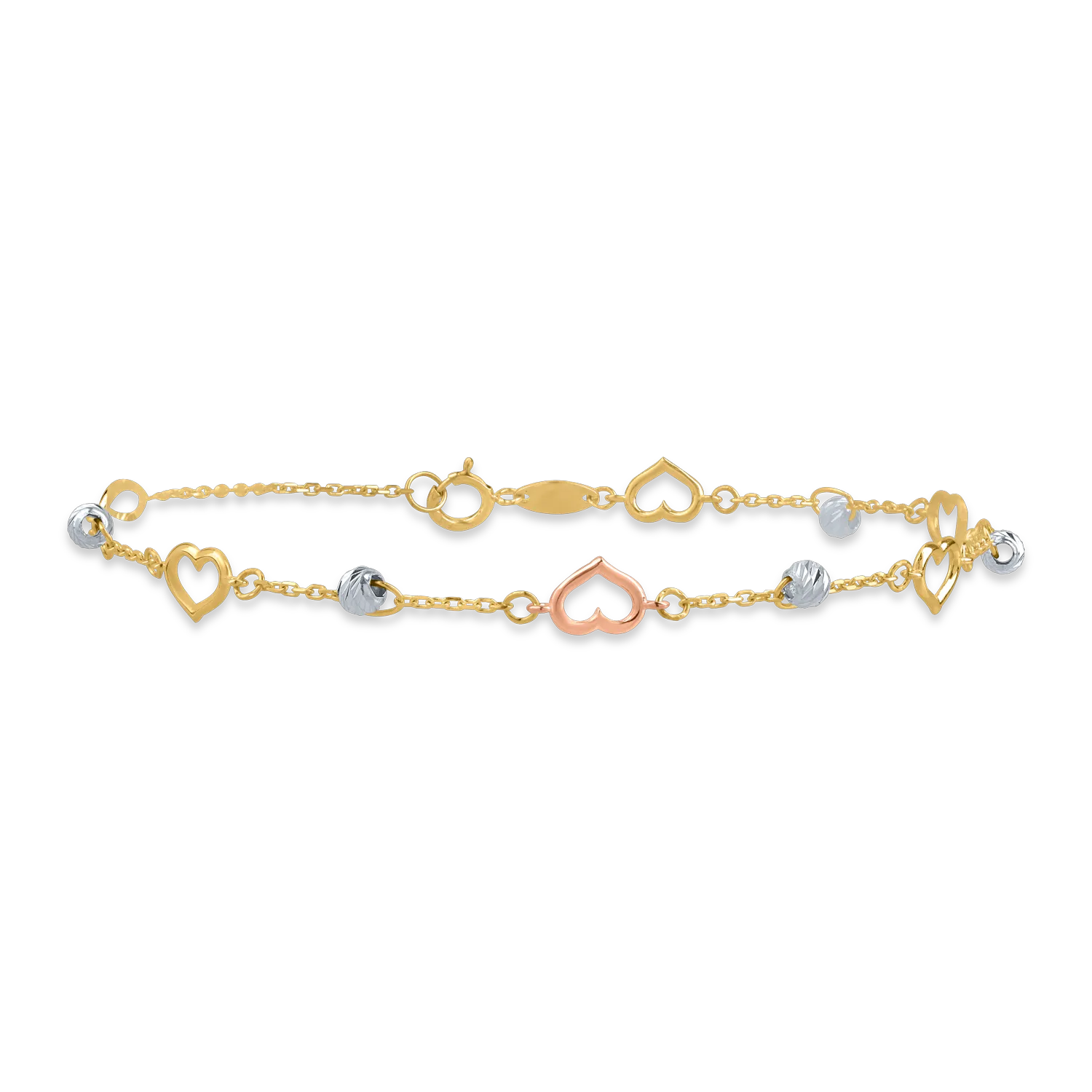 White-pink-yellow gold bracelet with beads and hearts