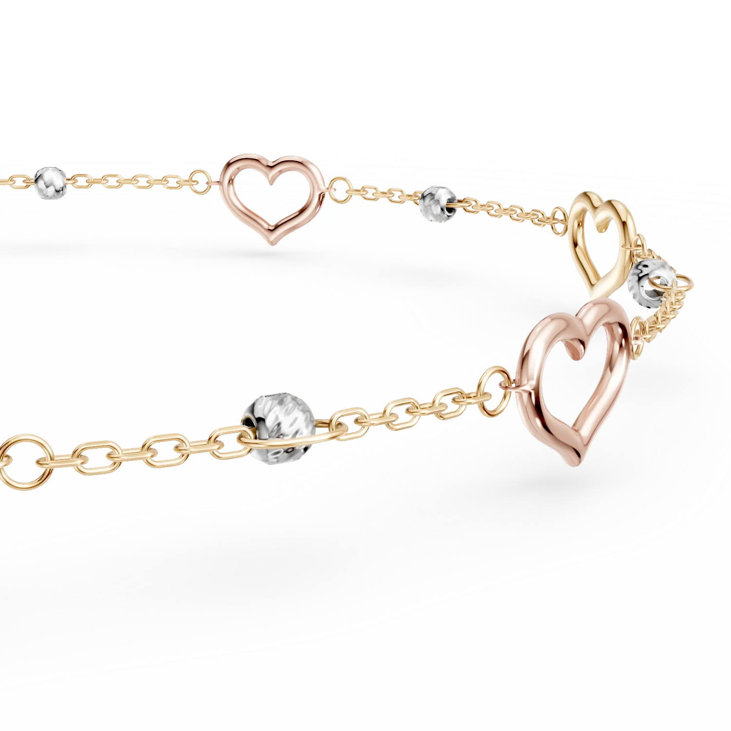 White-pink-yellow gold bracelet with beads and hearts