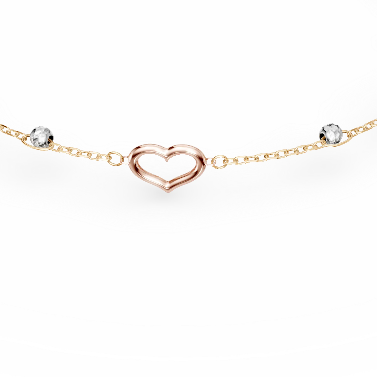 White-pink-yellow gold bracelet with beads and hearts