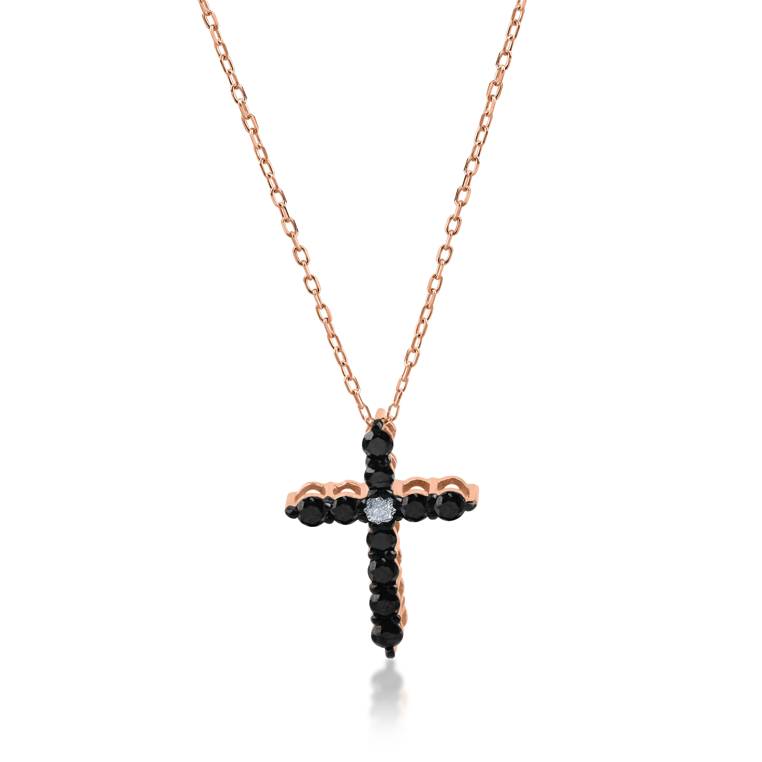 Rose gold cross pendant necklace with 0.02ct clear diamond and 0.2ct black diamonds