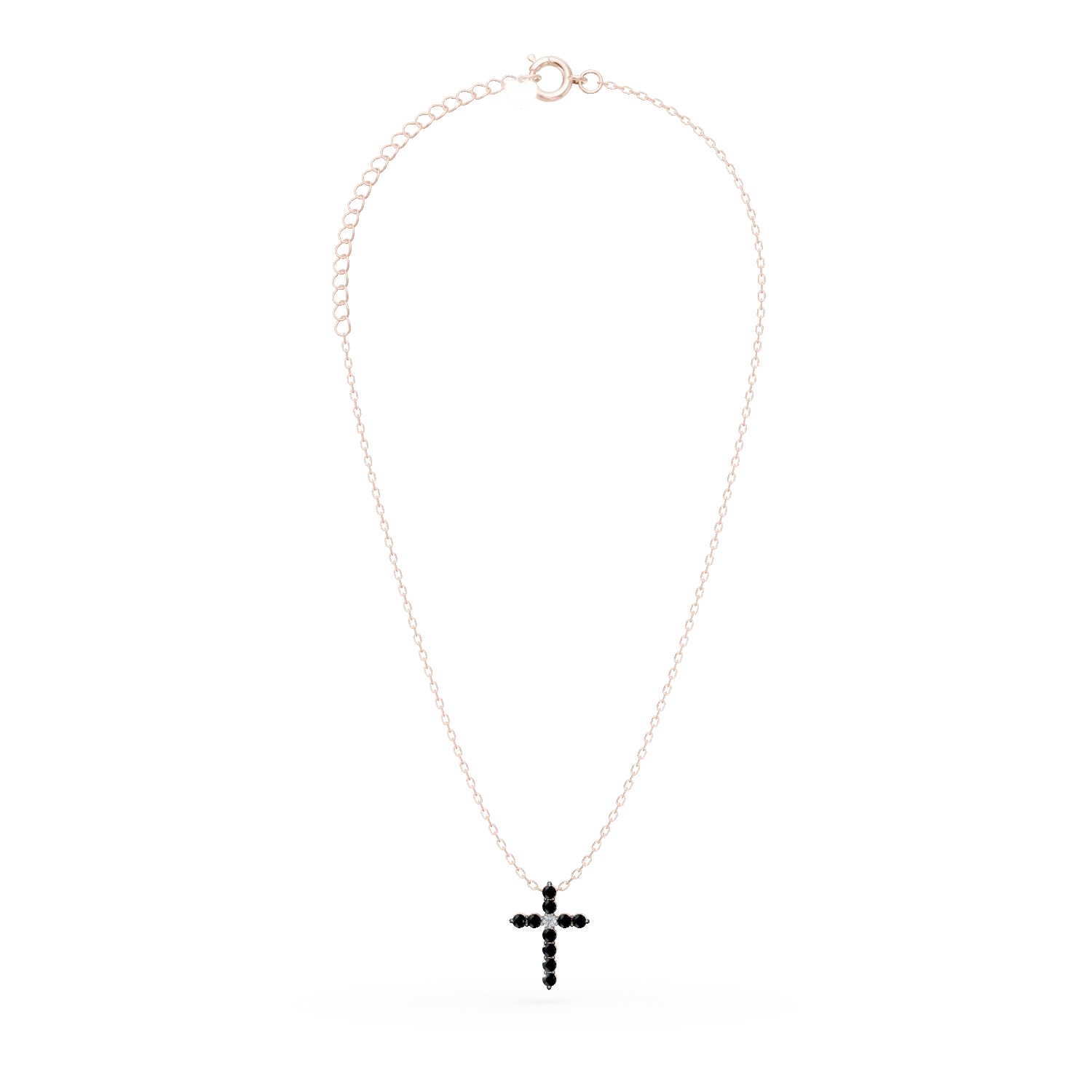 Lant cu pandantiv cruce din aur roz cu diamant incolor de 0.02ct si diamante negre de 0.2ct
