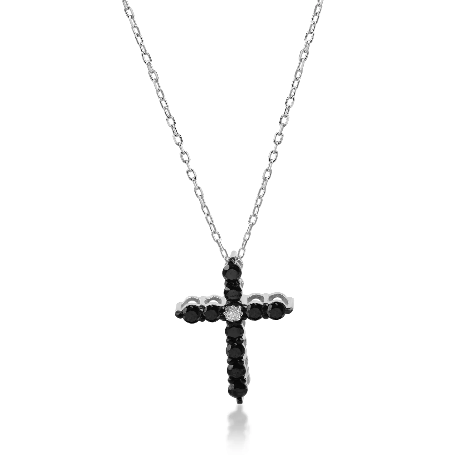 Platinum cross pendant necklace with 0.02ct clear diamond and 0.2ct black diamonds