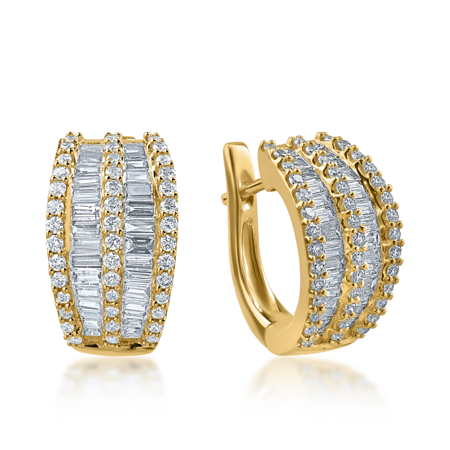 Cercei on-ear din aur galben cu diamante baguette si rotunde de 1ct