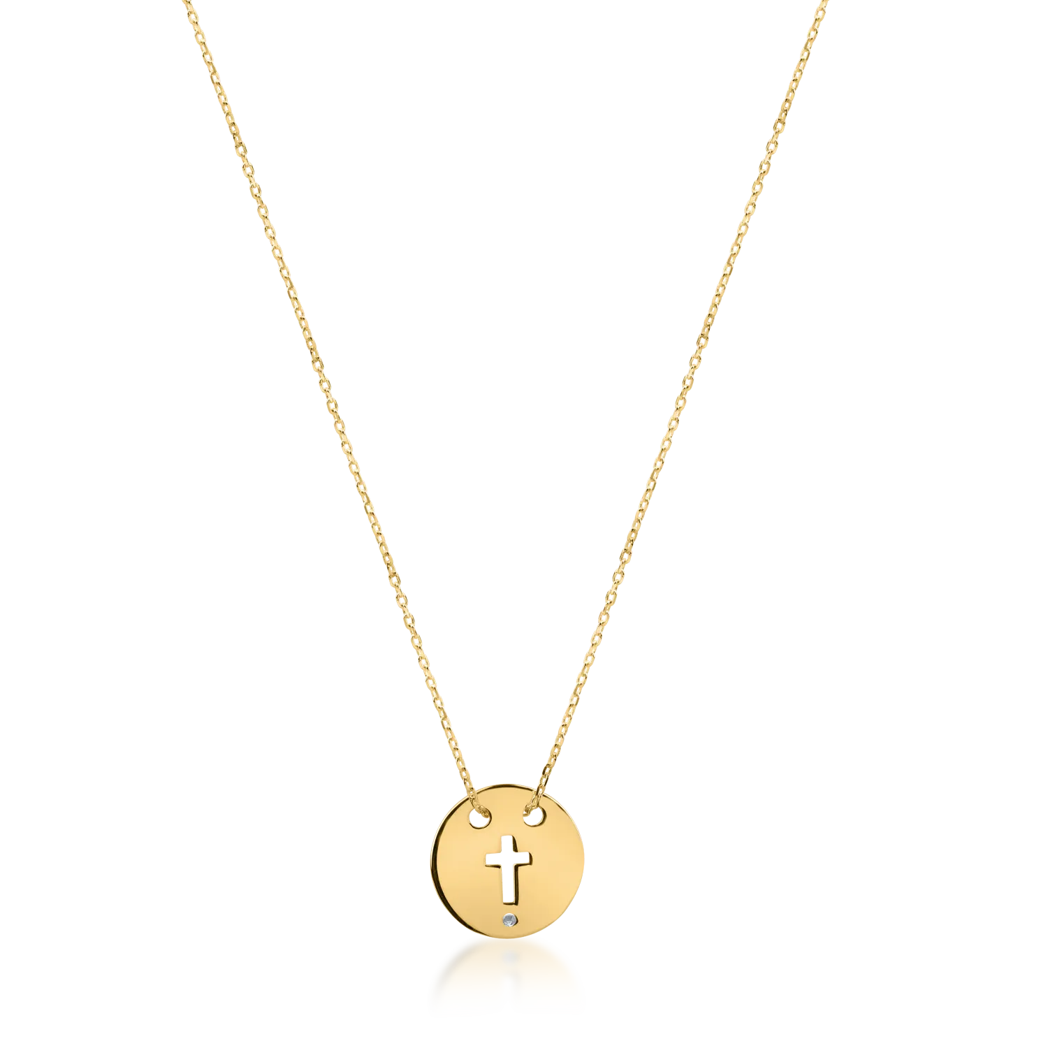Yellow gold chain with penny cross pendant with a 0.005ct diamond