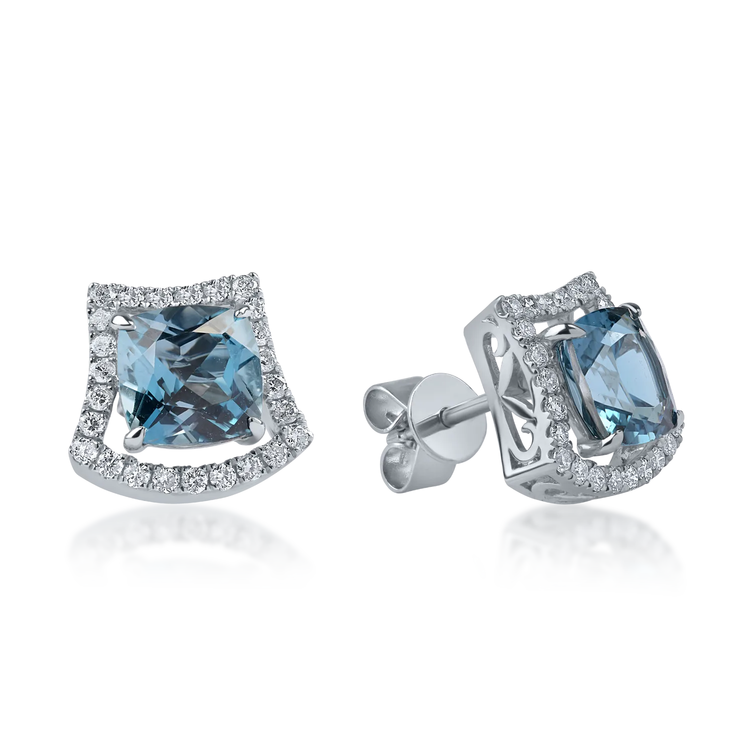 White gold stud earrings with 3.816ct london blue topazes and 0.407ct diamonds