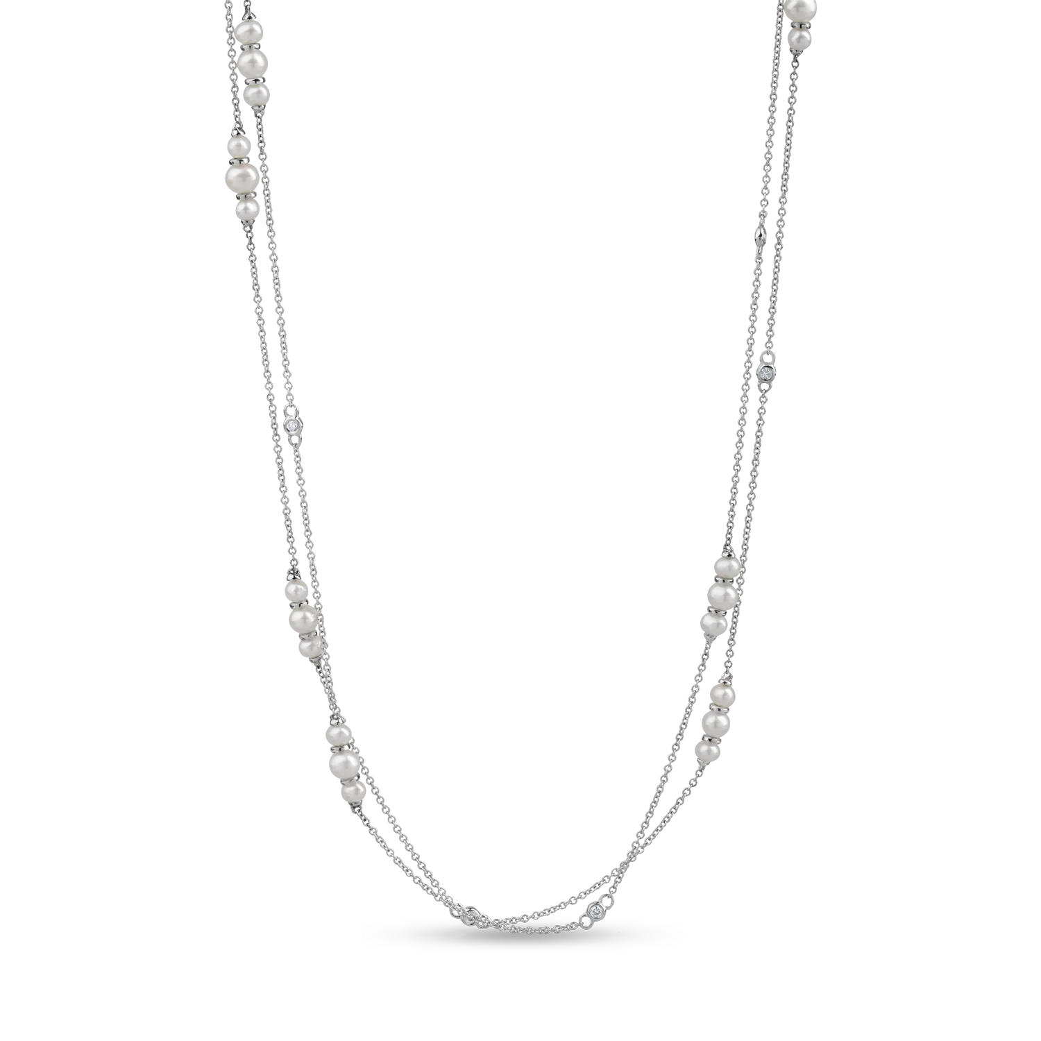White gold minimalist necklace with 0.08ct diamonds and fresh water pearls