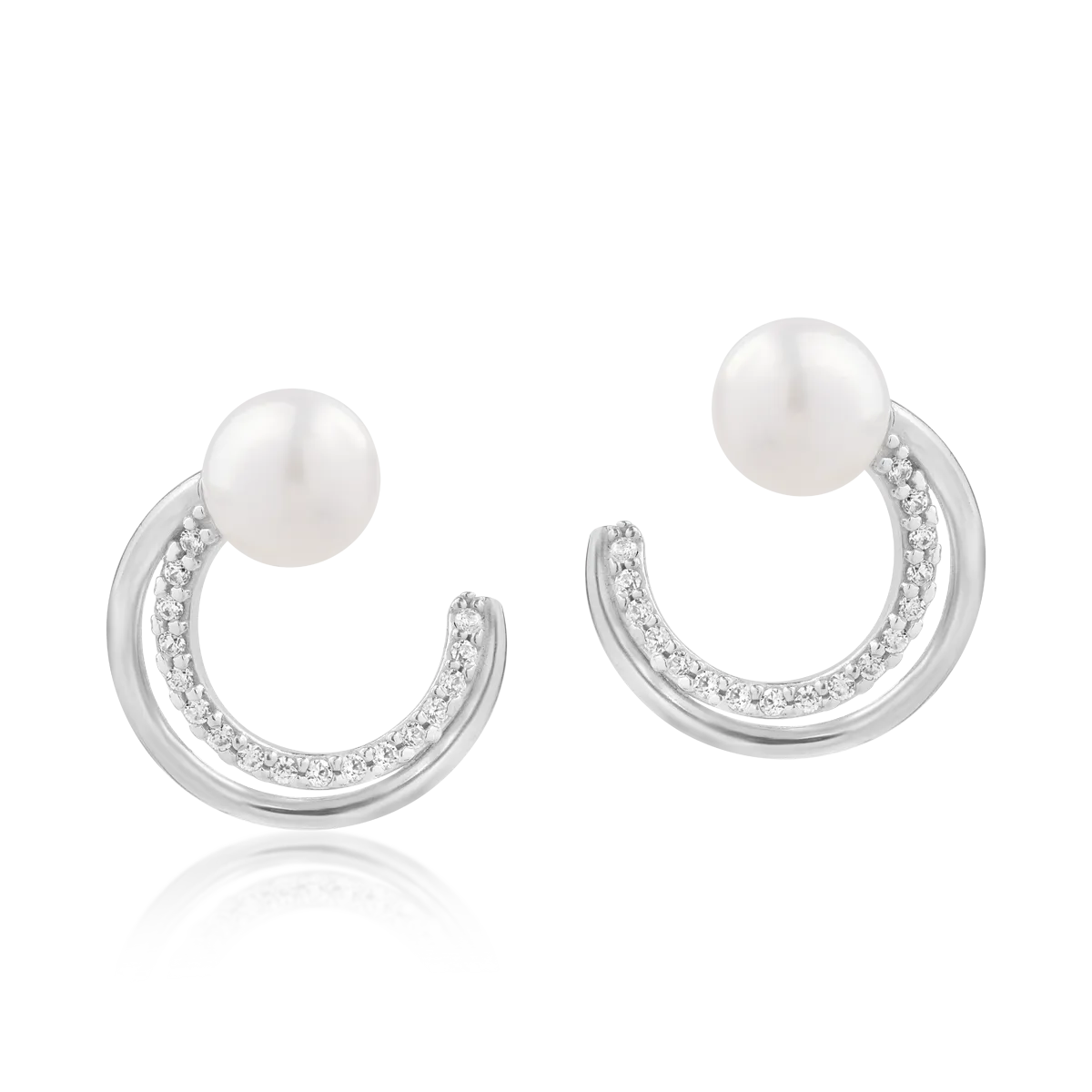 White gold crescent earrings with zirconia and synthetic pearls