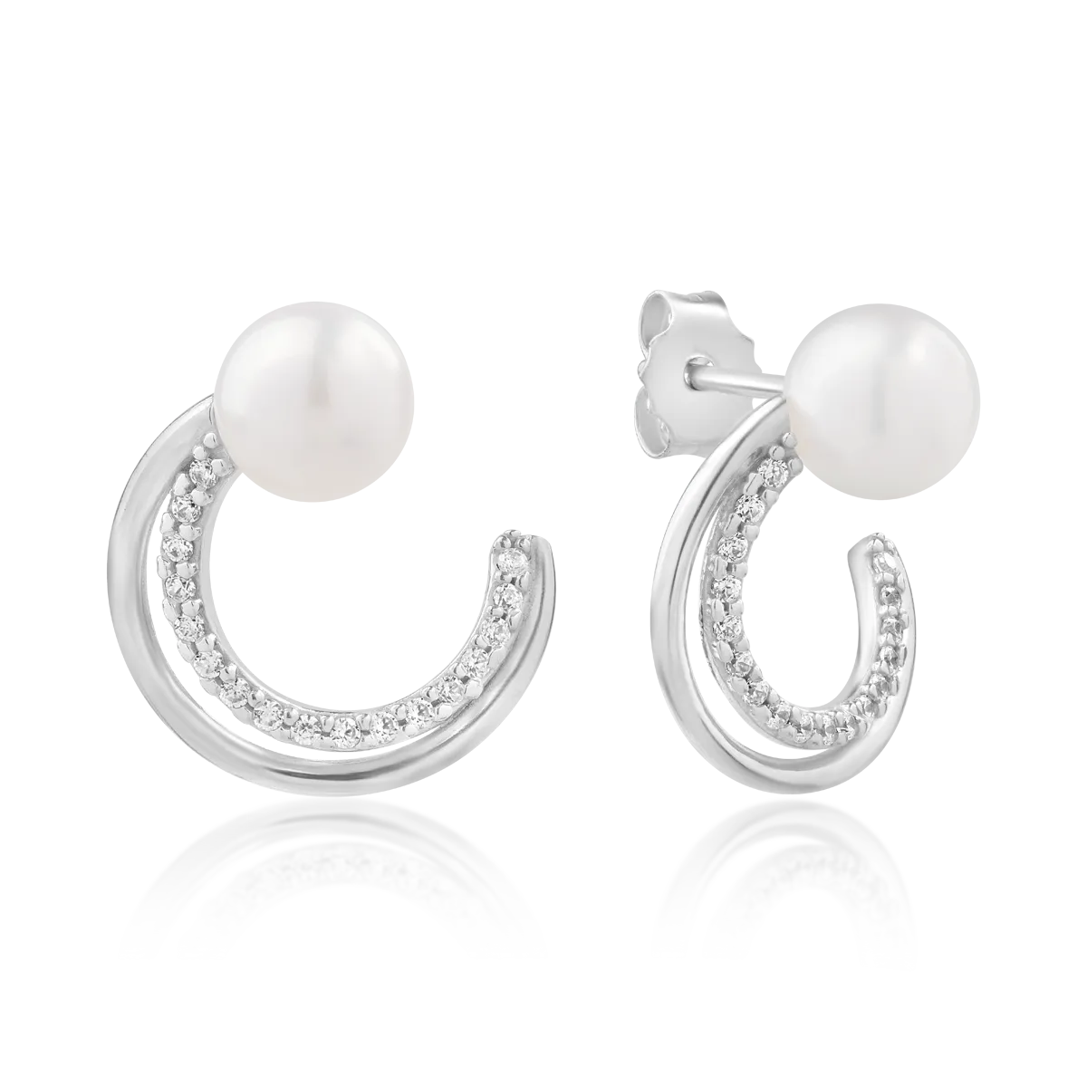 White gold crescent earrings with zirconia and synthetic pearls