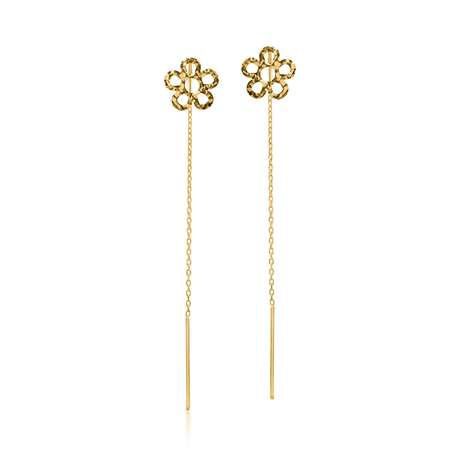 Yellow gold long flower earrings