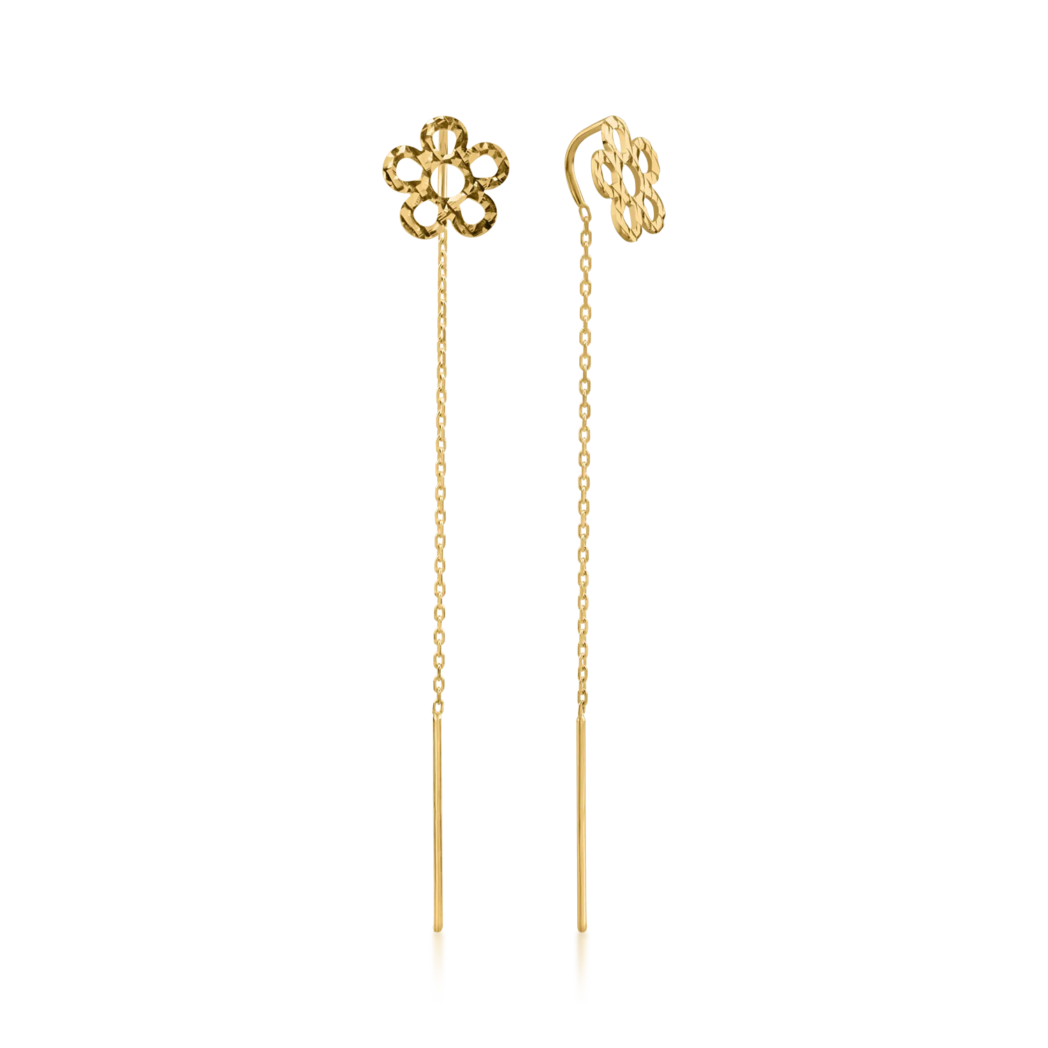 Yellow gold long flower earrings