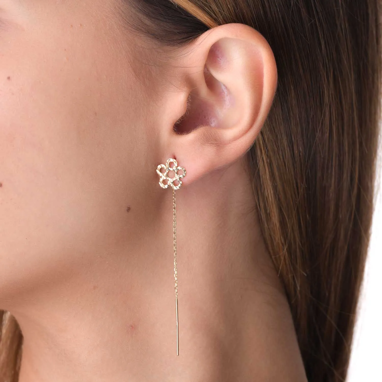 Yellow gold long flower earrings