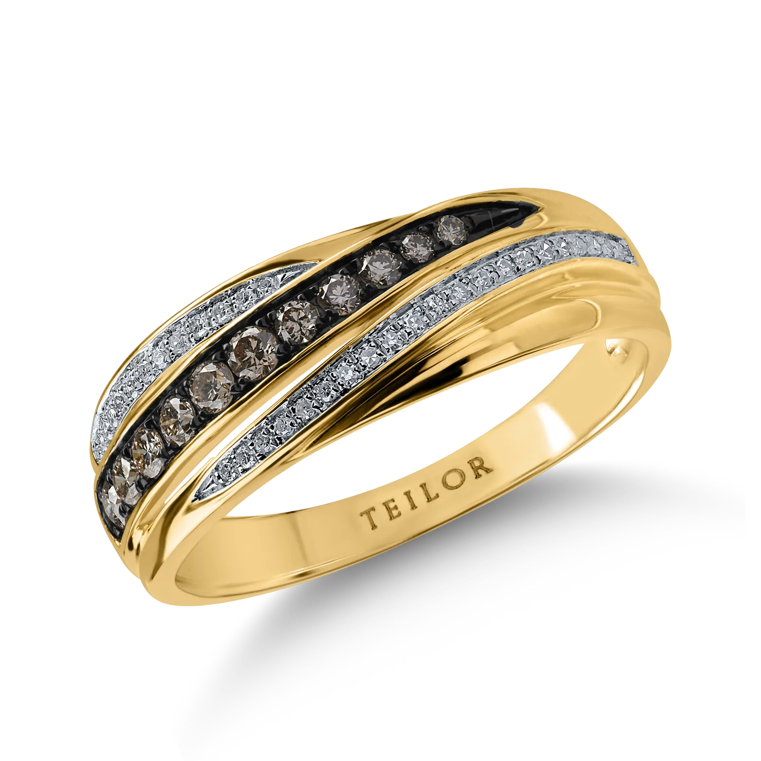 Sárga arany gyűrű 0.186ct barna gyémántokkal és 0.07ct tiszta gyémántokkal