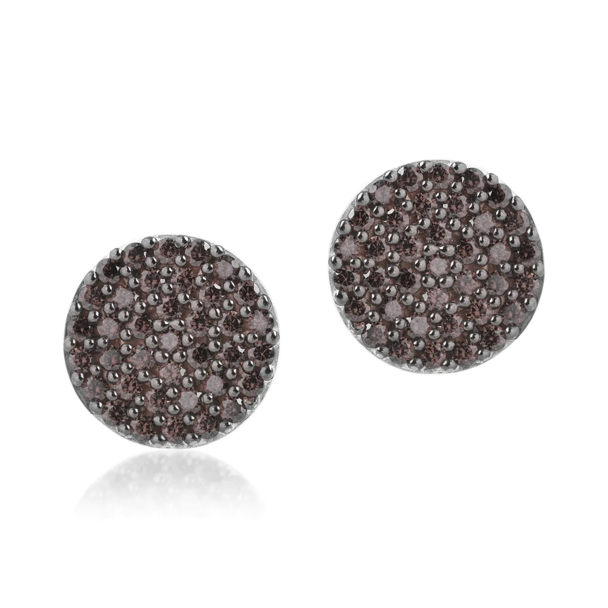 White gold round stud earrings with brown zirconia