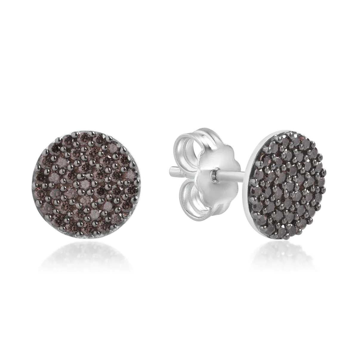 White gold round stud earrings with brown zirconia