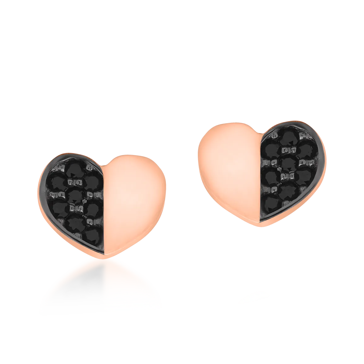 Rose gold heart stud earrings with black zircons