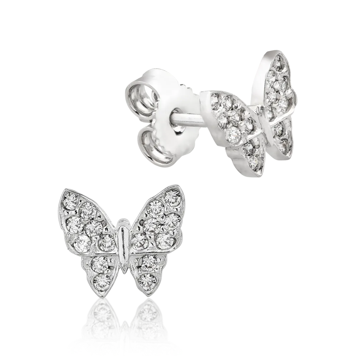 White gold butterfly stud earrings with microsetting zirconia