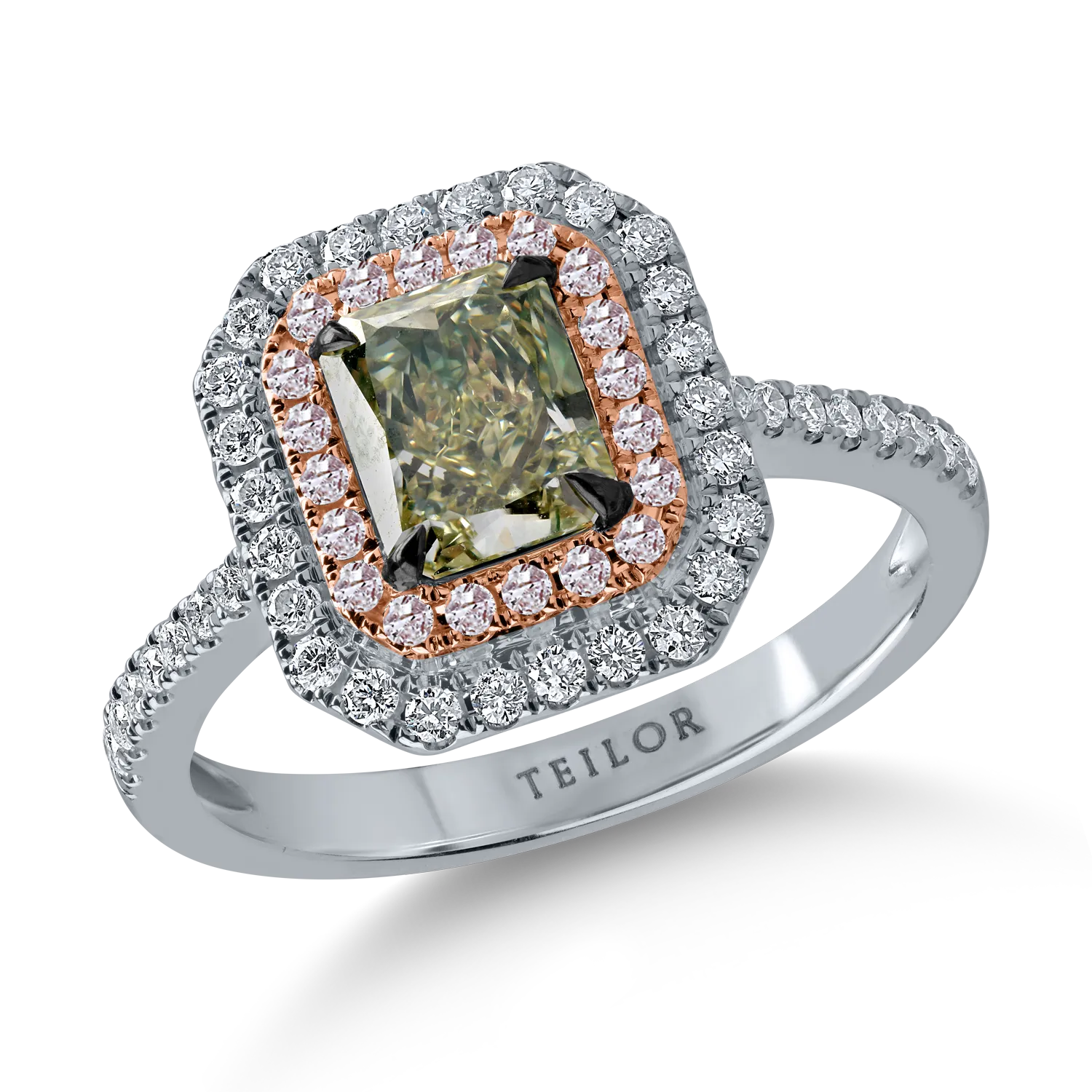 Пръстен от бяло розово злато с един 1.17кт централен зелен диамант и 0.44кт безцветни и розови диаманти с ореол