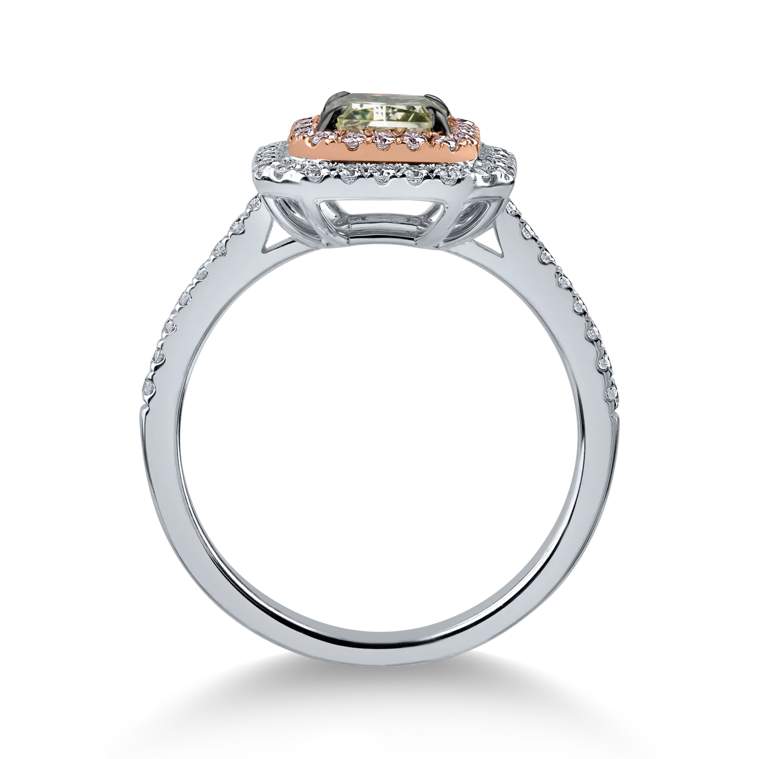 White-rose gold ring with one 1.17ct central green diamond and 0.44ct colorless and pink diamonds halo pave