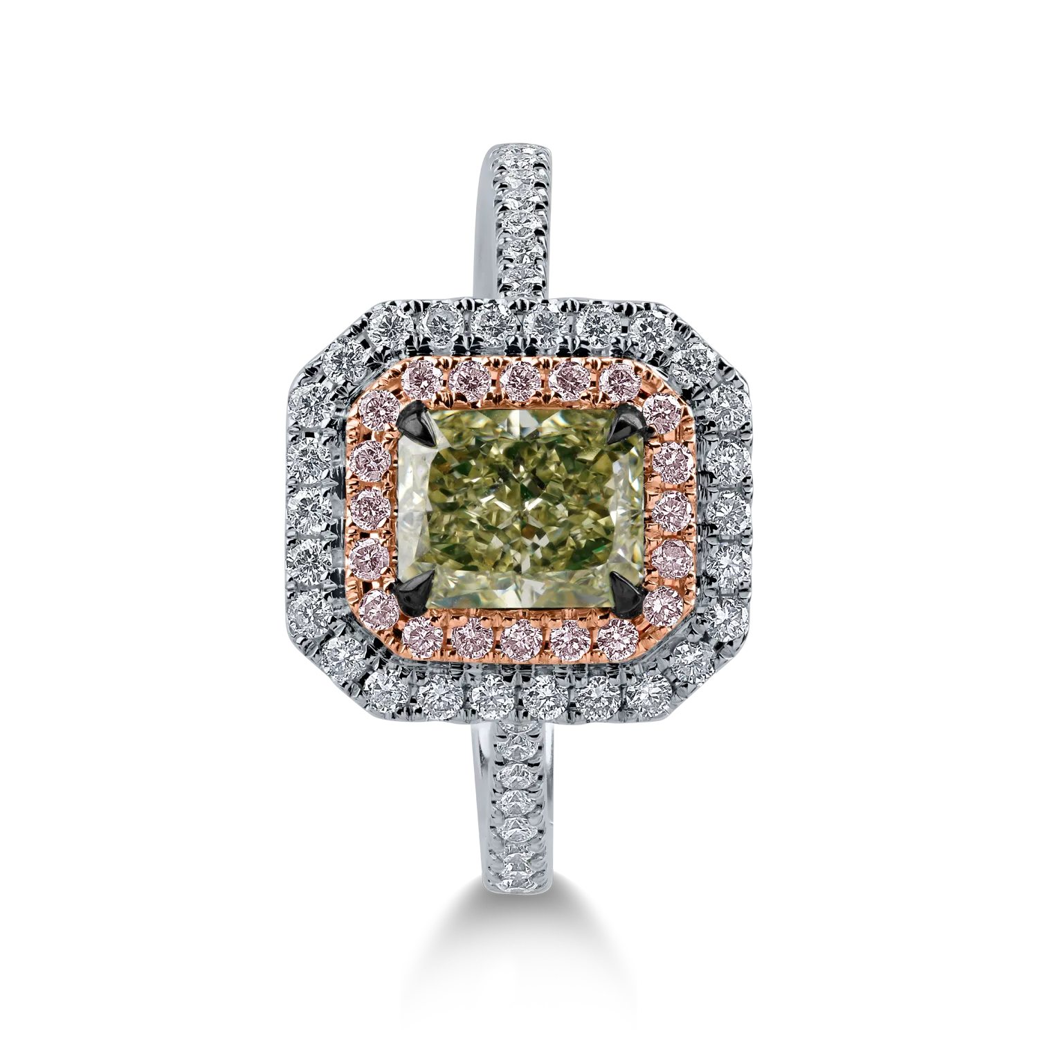 Pierścionek z białego różowego złota z jednym centralnym zielonym diamentem o masie 1.17ct i bezbarwnymi i różowymi diamentami o masie 0.44ct „halo pave”