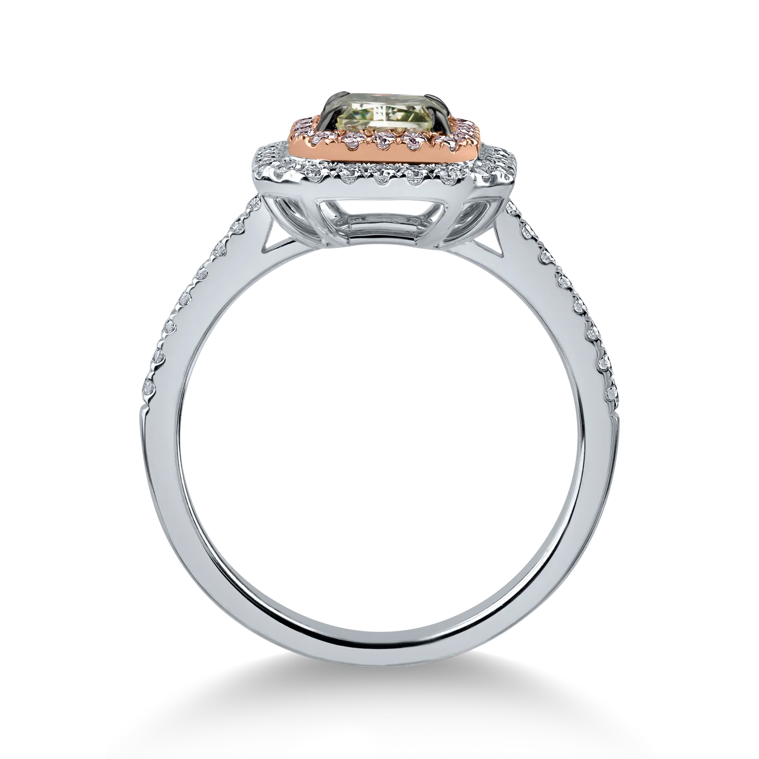 Inel din aur alb-roz cu un diamant verde central de 1.17ct si diamante incolore si roz halo pave de 0.44ct