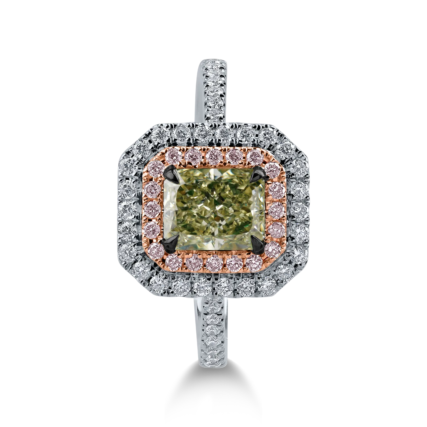Inel din aur alb-roz cu un diamant verde central de 1.17ct si diamante incolore si roz halo pave de 0.44ct