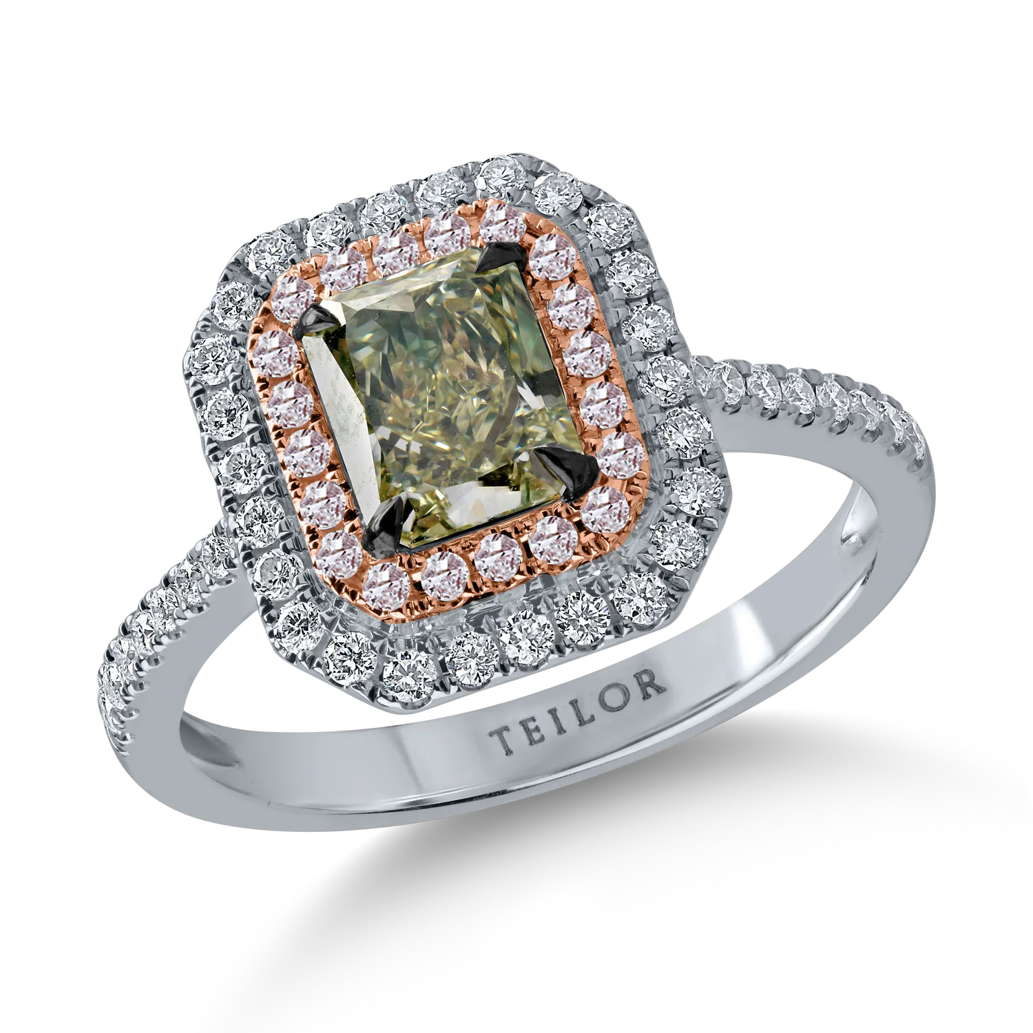 Inel din aur alb-roz cu un diamant verde emerald de 1.17ct si diamante incolore si roz halo pave de 0.44ct