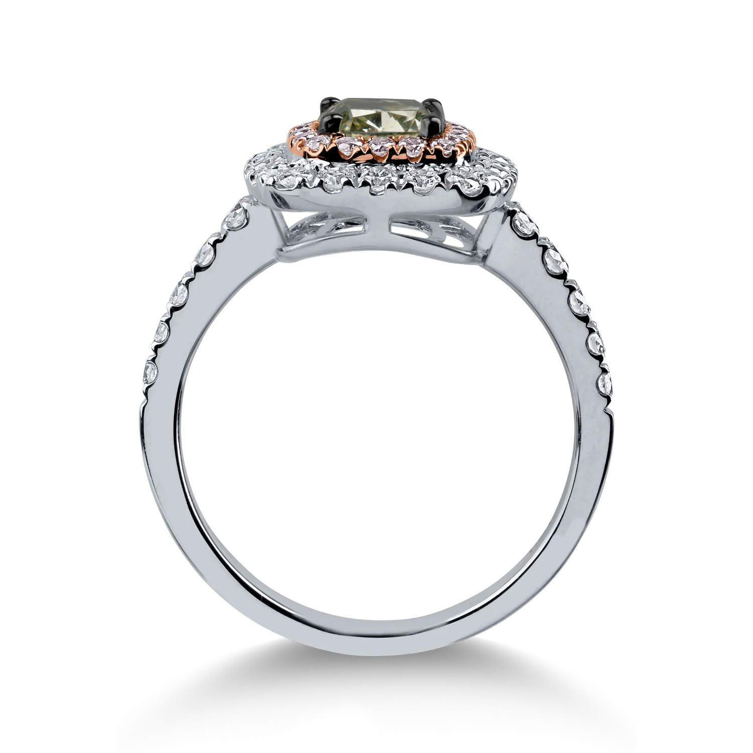 Pierścionek z białego różowego złota z jednym centralnym zielonym diamentem o masie 1.14ct i bezbarwnymi i różowymi diamentami o masie 0.79ct „halo pave”