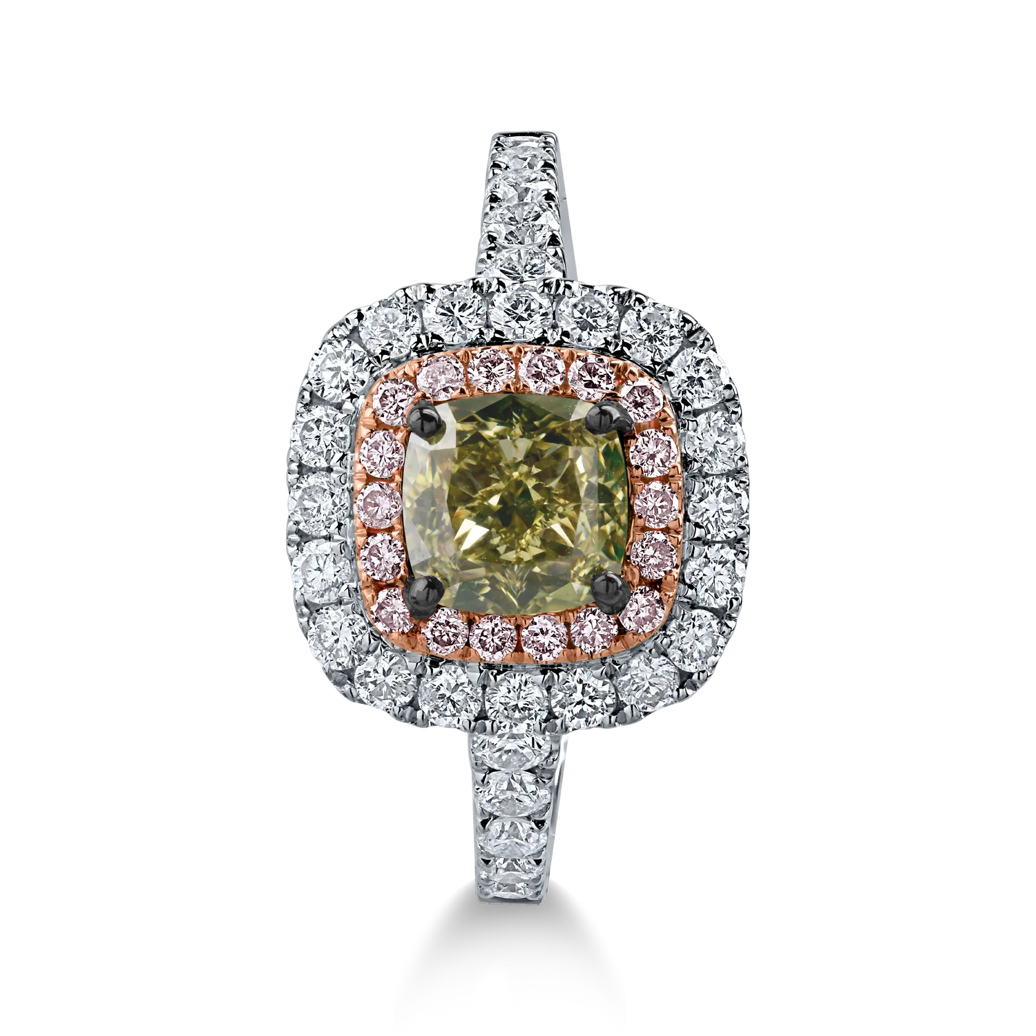 Inel din aur alb-roz cu un diamant verde central de 1.14ct si diamante incolore si roz halo pave de 0.79ct - 2 | YEO