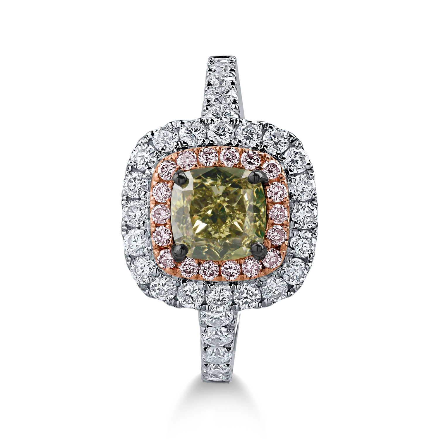 White-rose gold ring with one 1.14ct central green diamond and 0.79ct colorless and pink diamonds halo pave