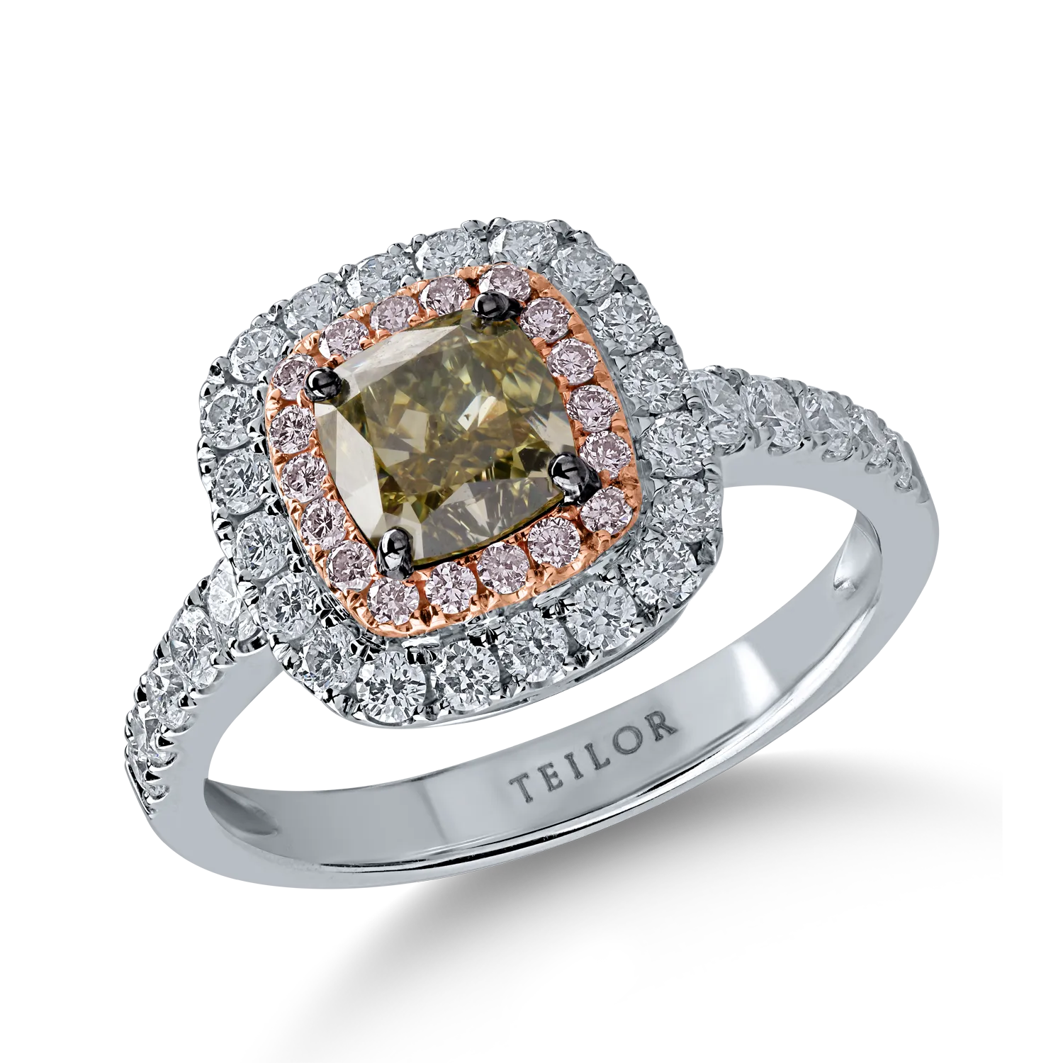 Пръстен от бяло розово злато с един 1.14кт централен зелен диамант и 0.79кт безцветни и розови диаманти с ореол-170502