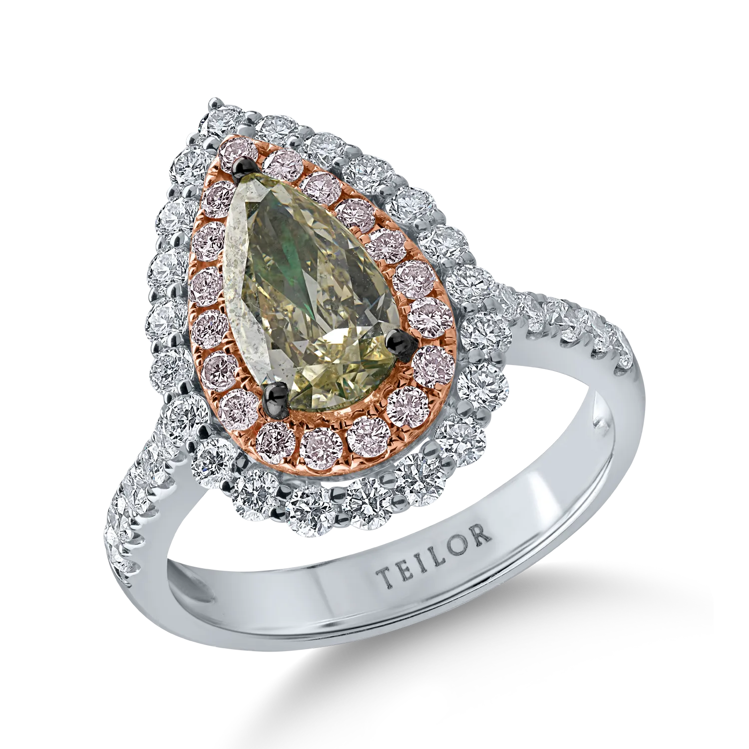 Inel din aur alb-roz cu un diamant verde central de 1.27ct si diamante incolore si roz halo pave de 1.12ct
