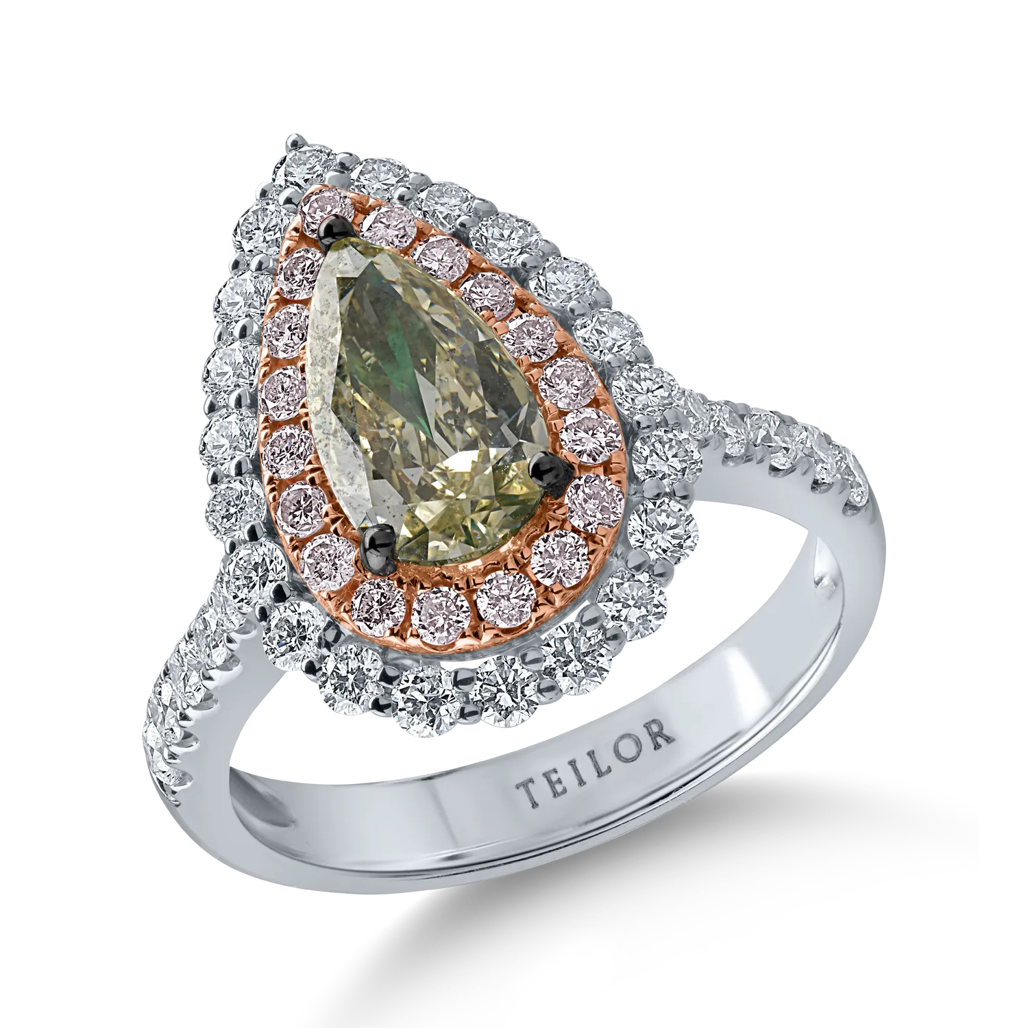 White-rose gold ring with one 1.27ct central green diamond and 1.12ct colorless and pink diamonds halo pave