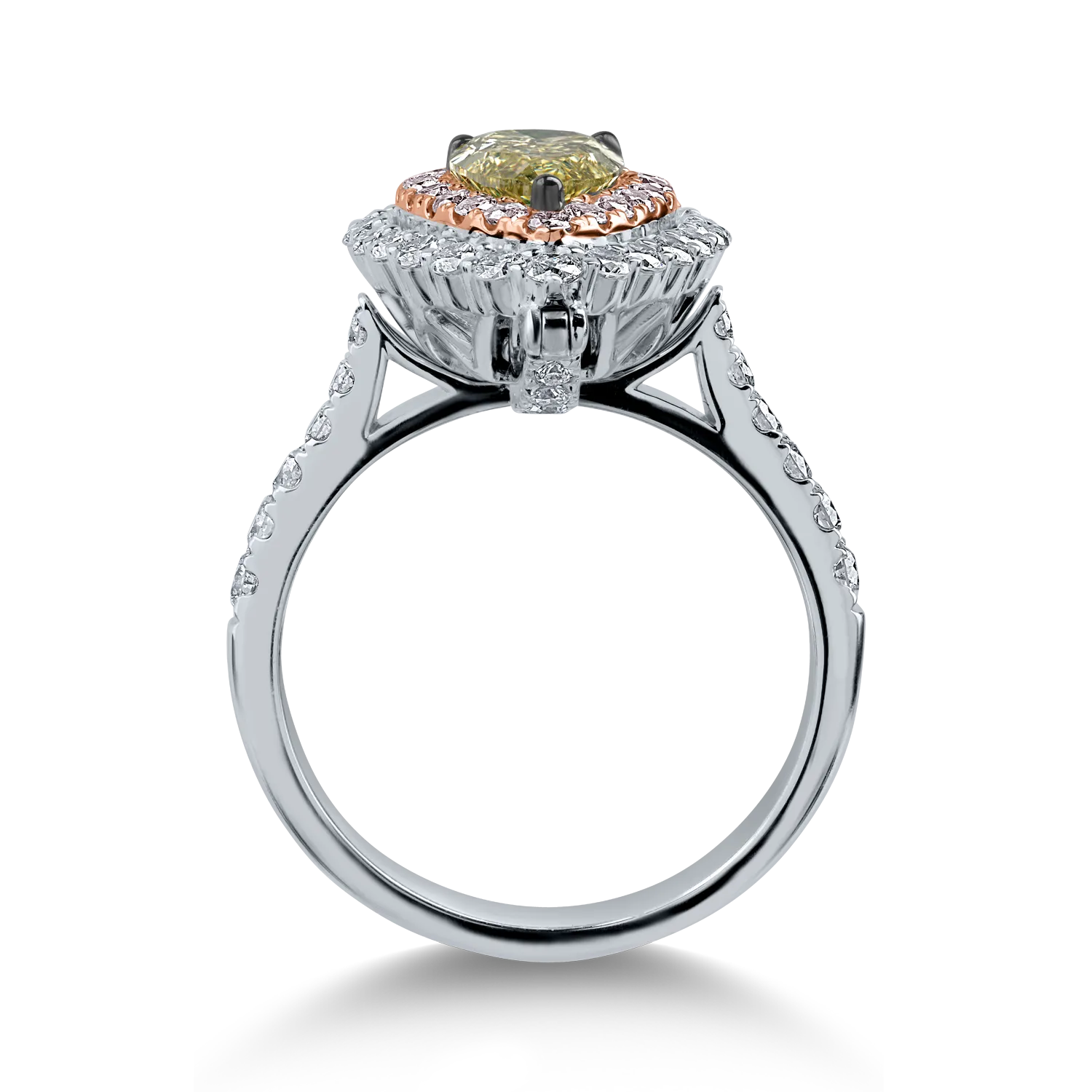 Pierścionek z białego różowego złota z jednym centralnym zielonym diamentem o masie 1.27ct oraz bezbarwnymi i różowymi diamentami o masie 1.12ct „halo pave”