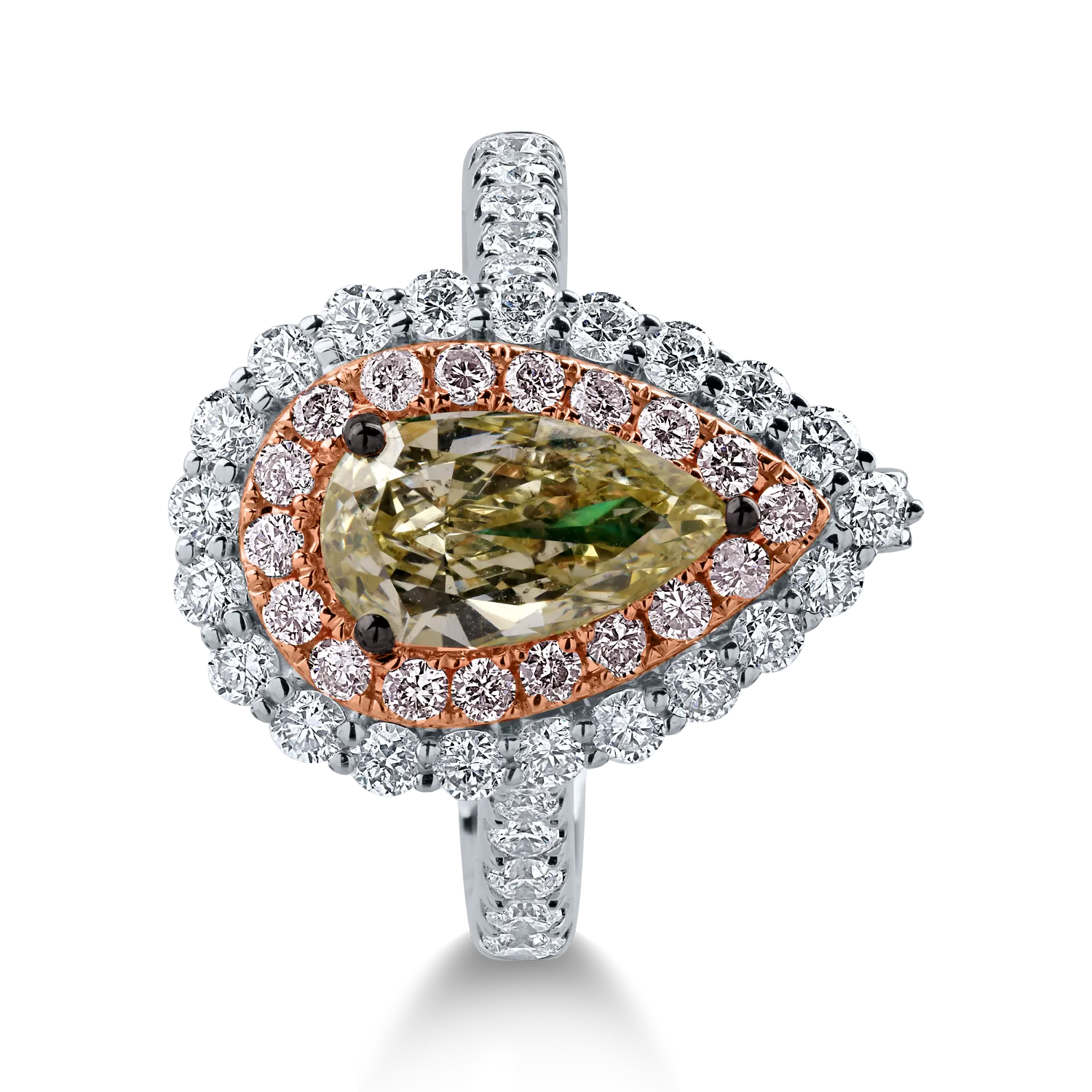White-rose gold ring with one 1.27ct central green diamond and 1.12ct colorless and pink diamonds halo pave