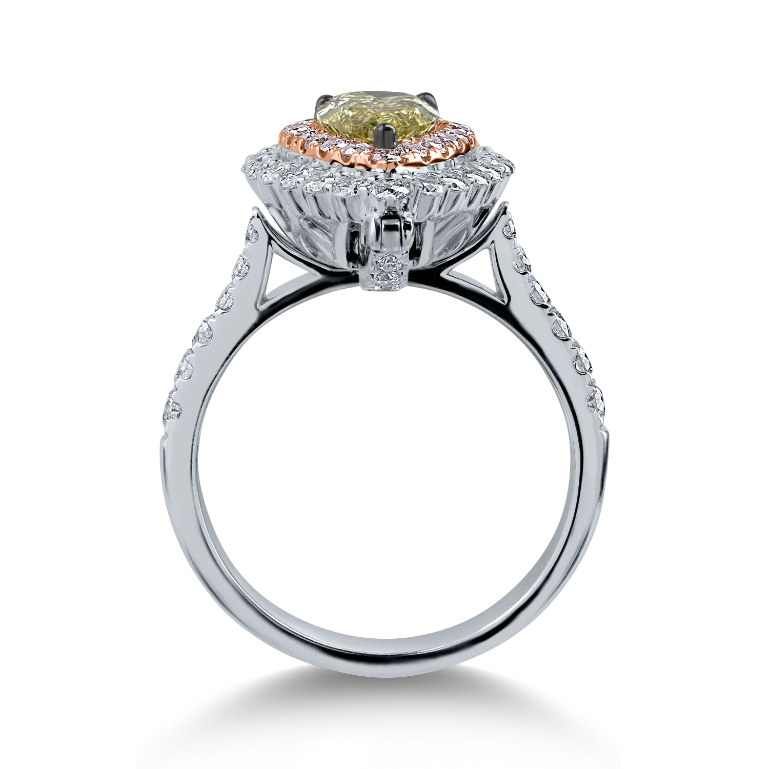 Inel din aur alb-roz cu un diamant verde central de 1.27ct si diamante incolore si roz halo pave de 1.12ct