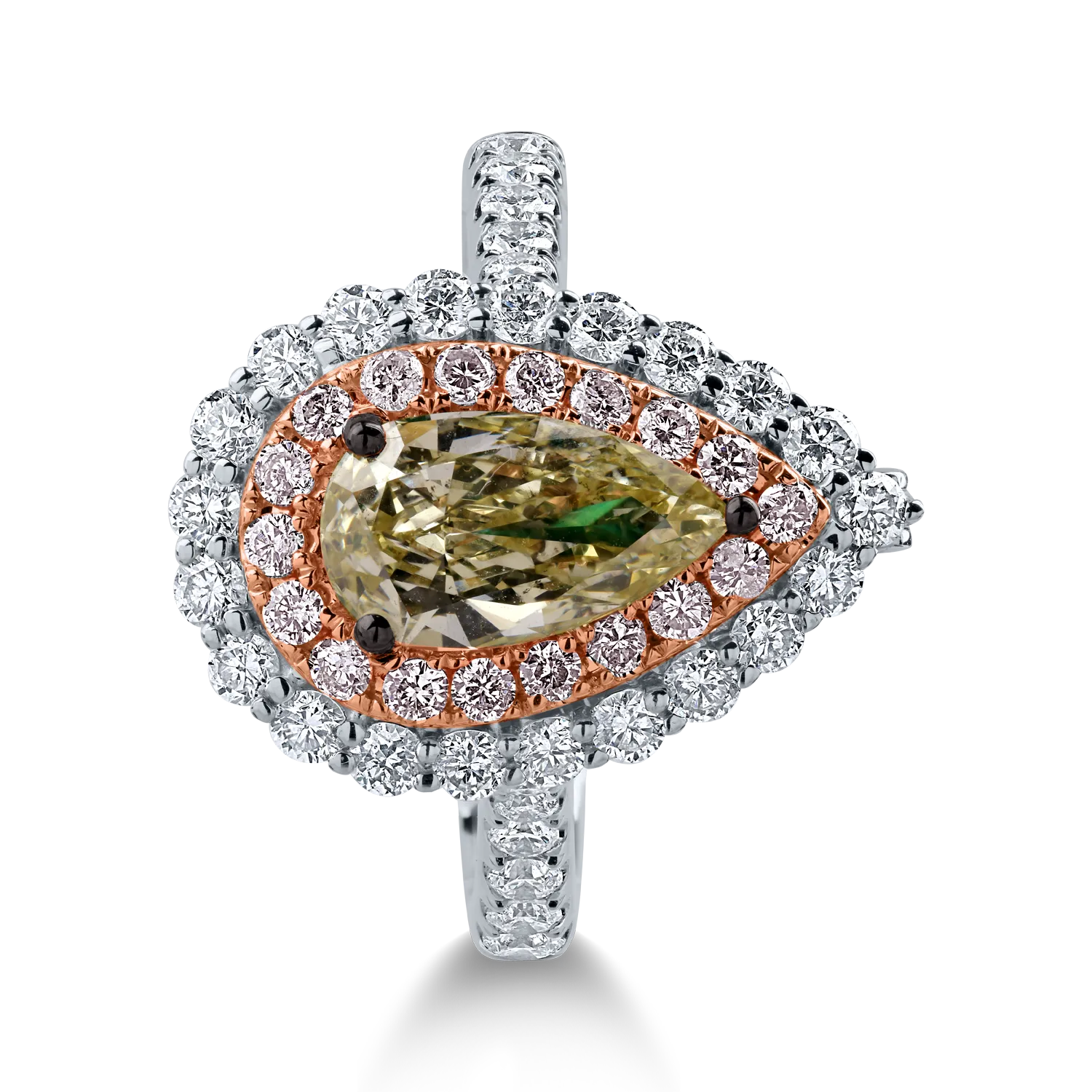 Inel din aur alb-roz cu un diamant verde central de 1.27ct si diamante incolore si roz halo pave de 1.12ct