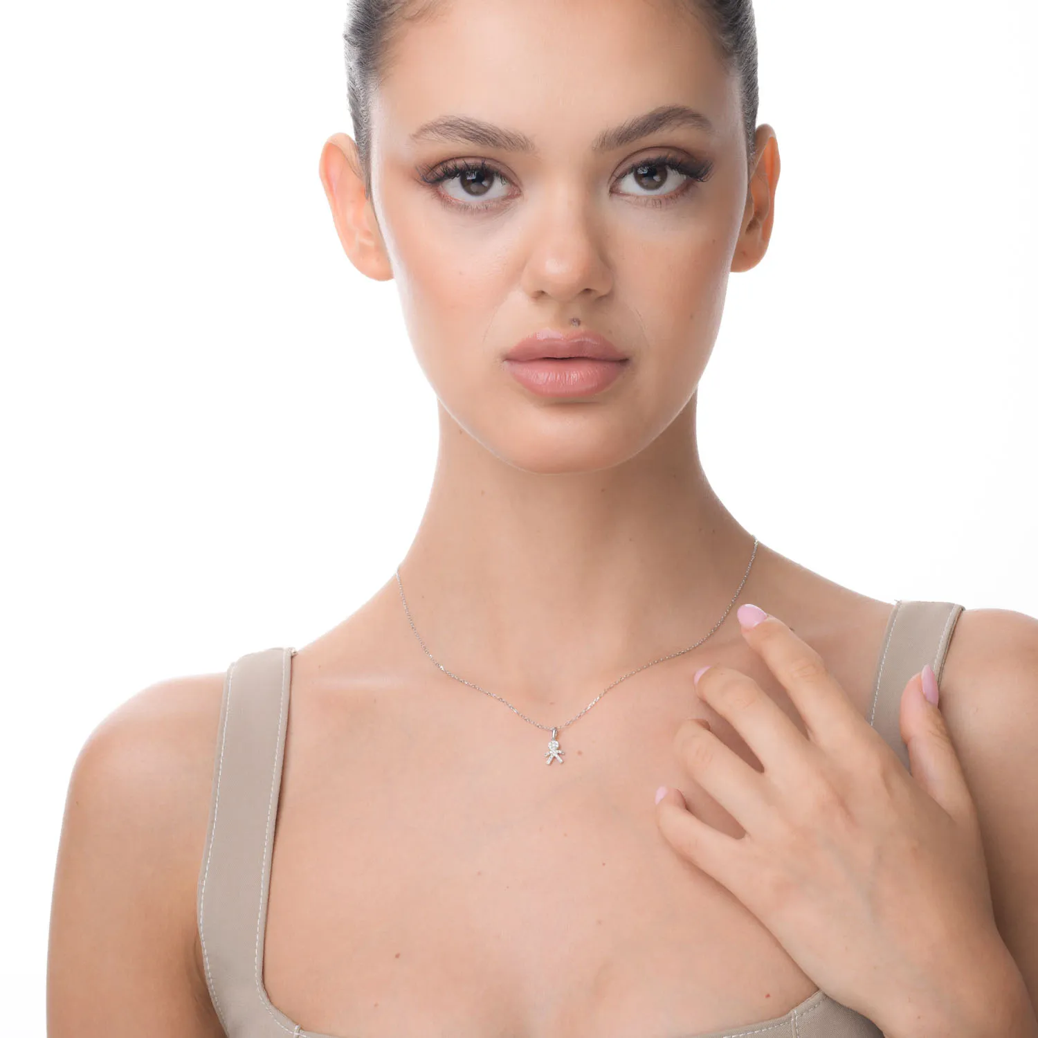 Lant cu pandantiv copil din aur alb cu diamante de 0.11ct