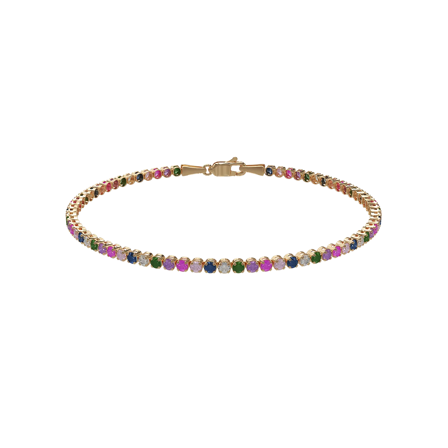 Yellow gold tennis bracelet with multicolored zirconia