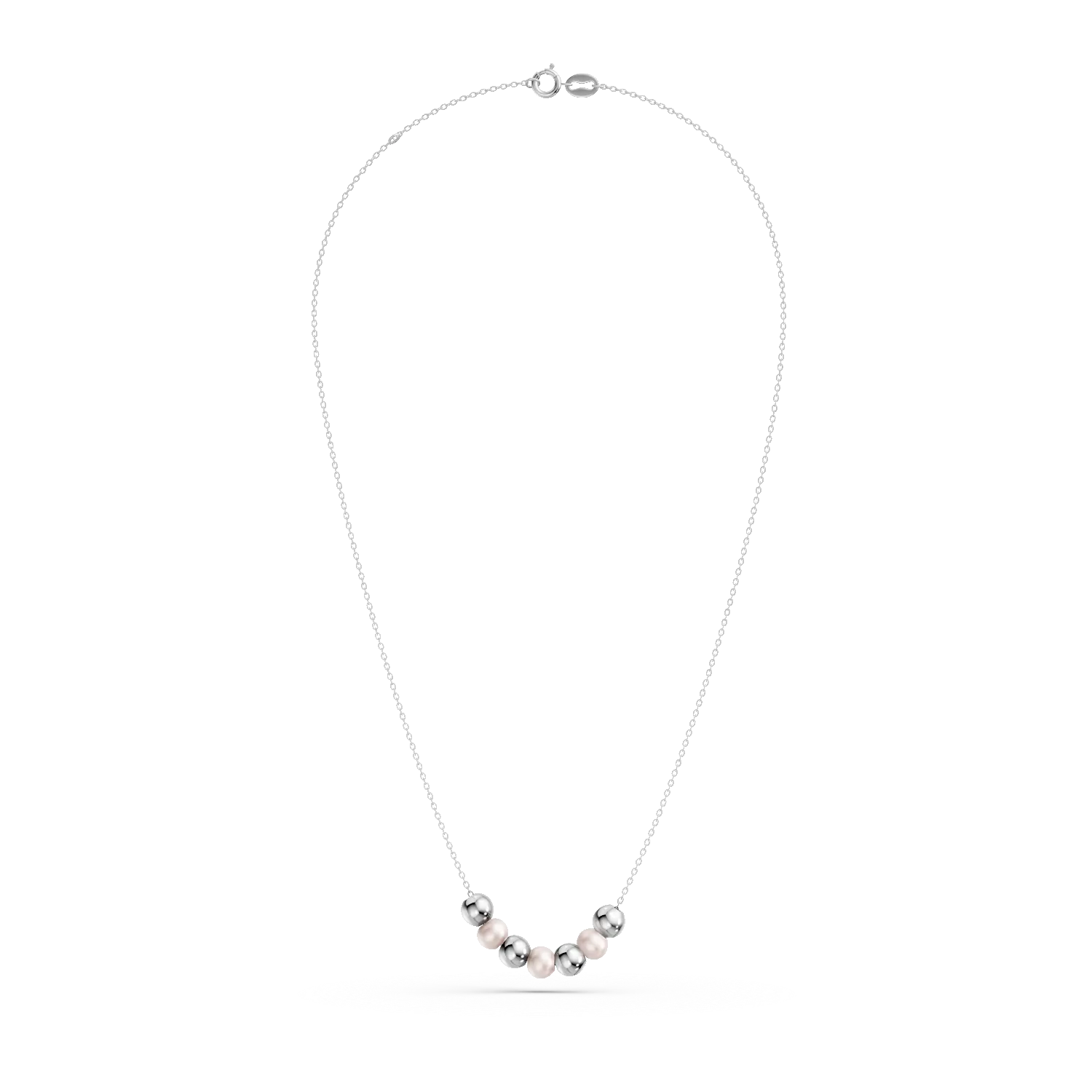 White gold necklace with beads and synthetic pearls
