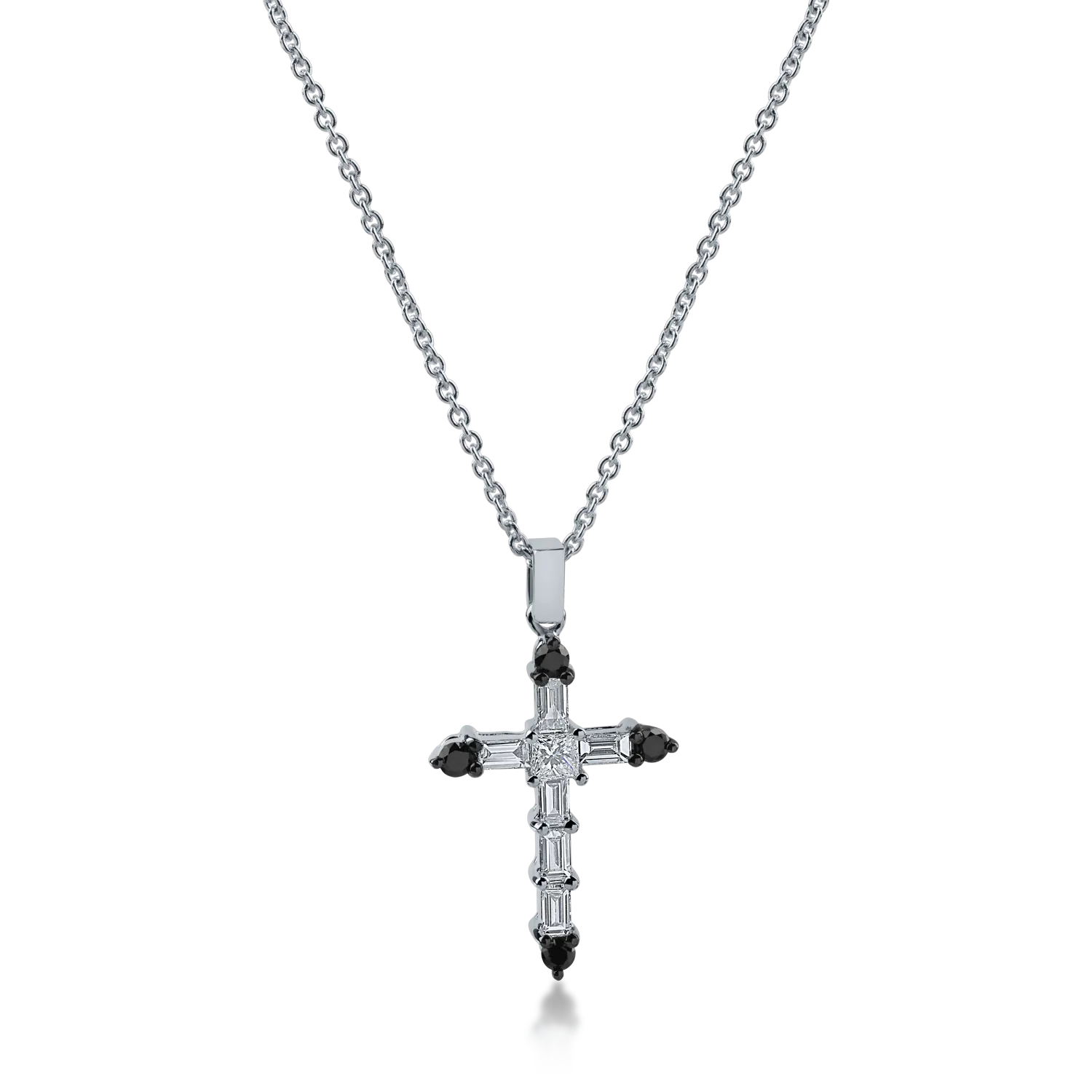 White gold cross pendant necklace with 0.10ct black diamonds and 0.3ct clear diamonds