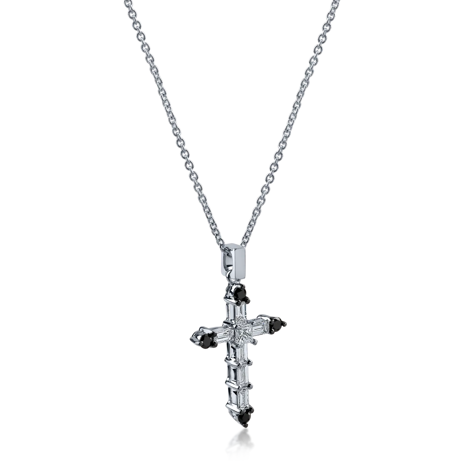 White gold cross pendant necklace with 0.10ct black diamonds and 0.3ct clear diamonds